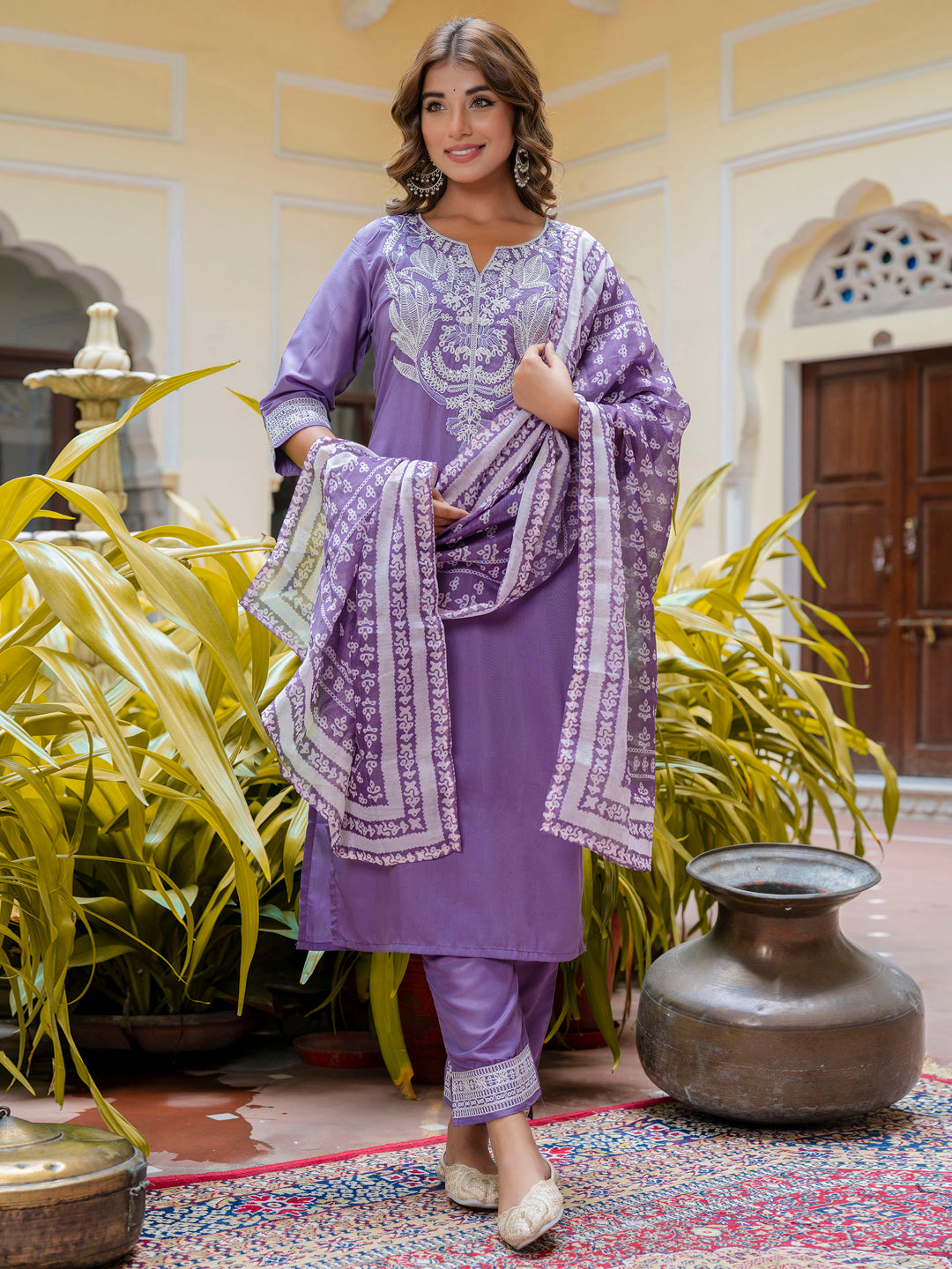 VredeVogel Women's Embroidered Silk Blend Calf Length Straight Kurta Trouser with Dupatta Set