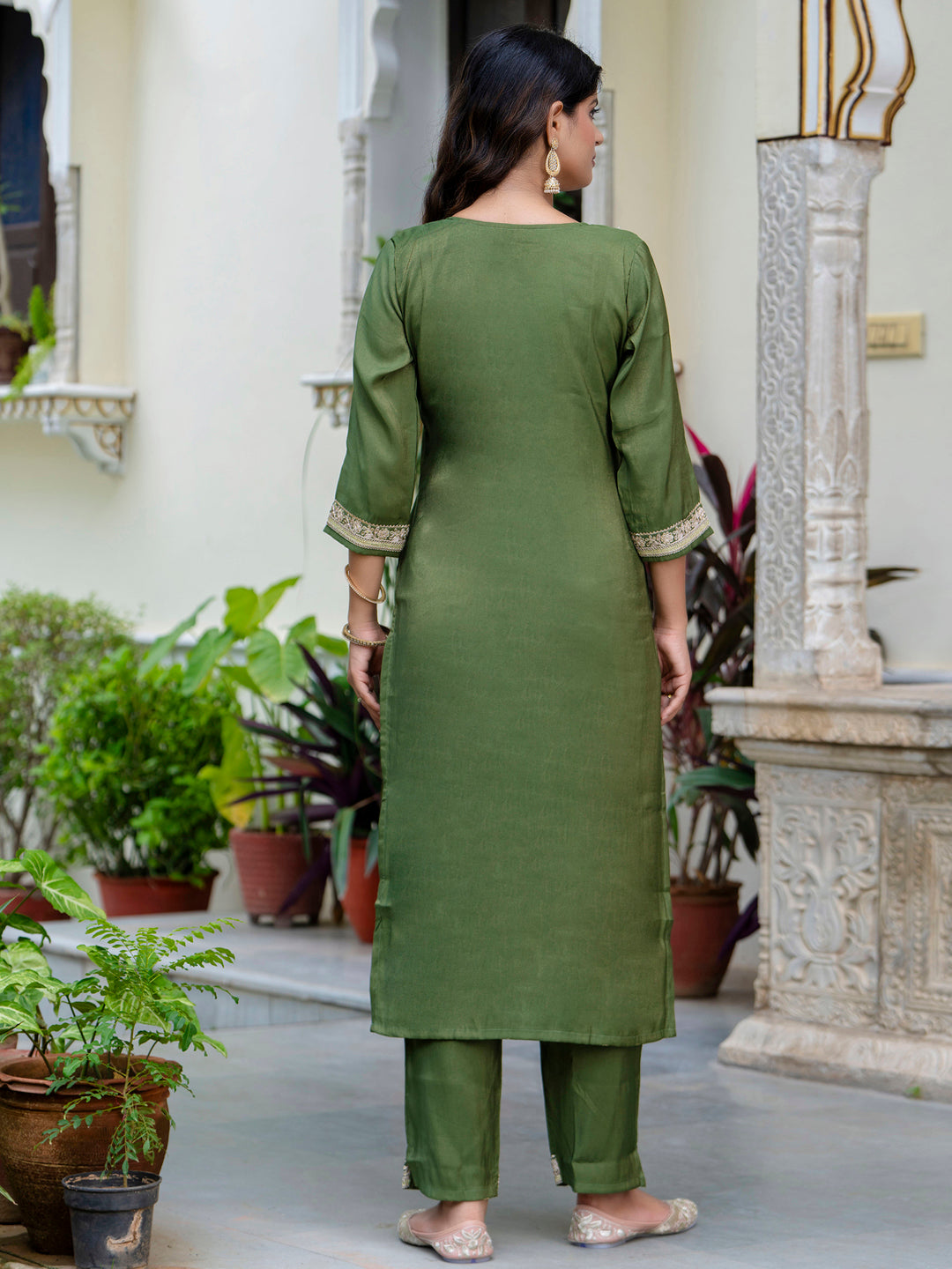 VredeVogel Women's Embroidered Silk Blend Calf Length Straight Kurta Trouser with Dupatta Set