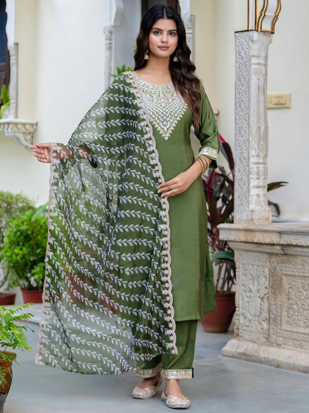 VredeVogel Women's Embroidered Silk Blend Calf Length Straight Kurta Trouser with Dupatta Set