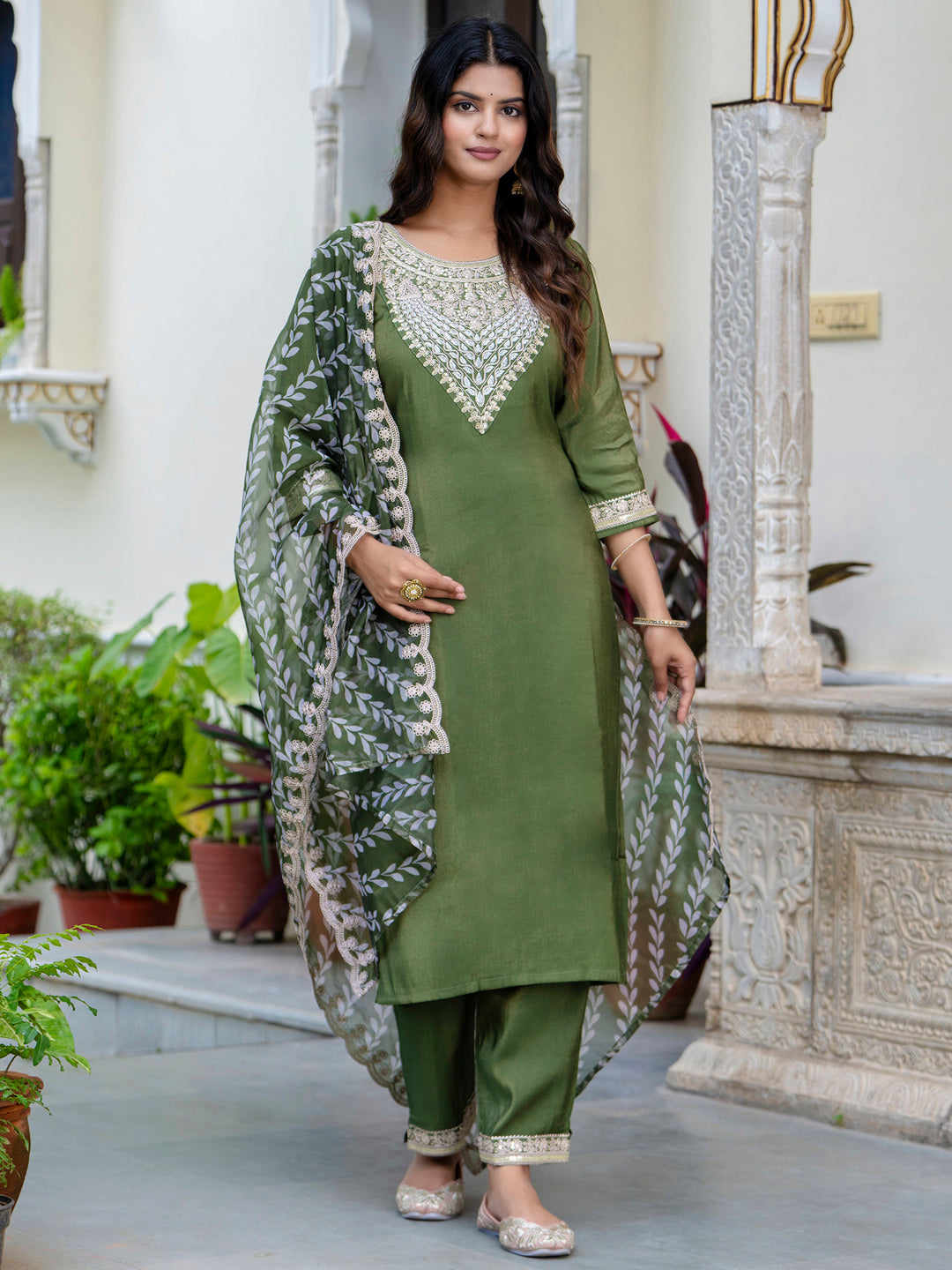 VredeVogel Women's Embroidered Silk Blend Calf Length Straight Kurta Trouser with Dupatta Set