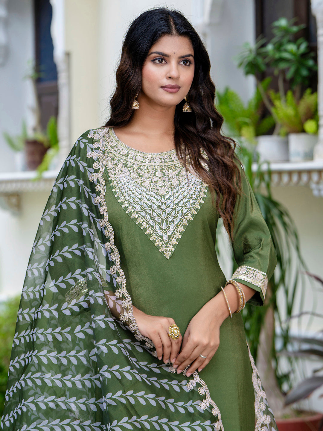 VredeVogel Women's Embroidered Silk Blend Calf Length Straight Kurta Trouser with Dupatta Set