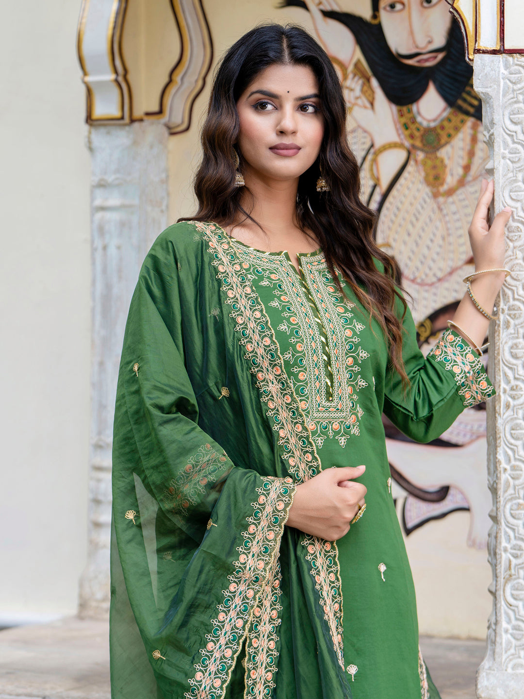 VredeVogel Women's Embroidered Silk Blend Calf Length Straight Kurta Trouser with Dupatta Set