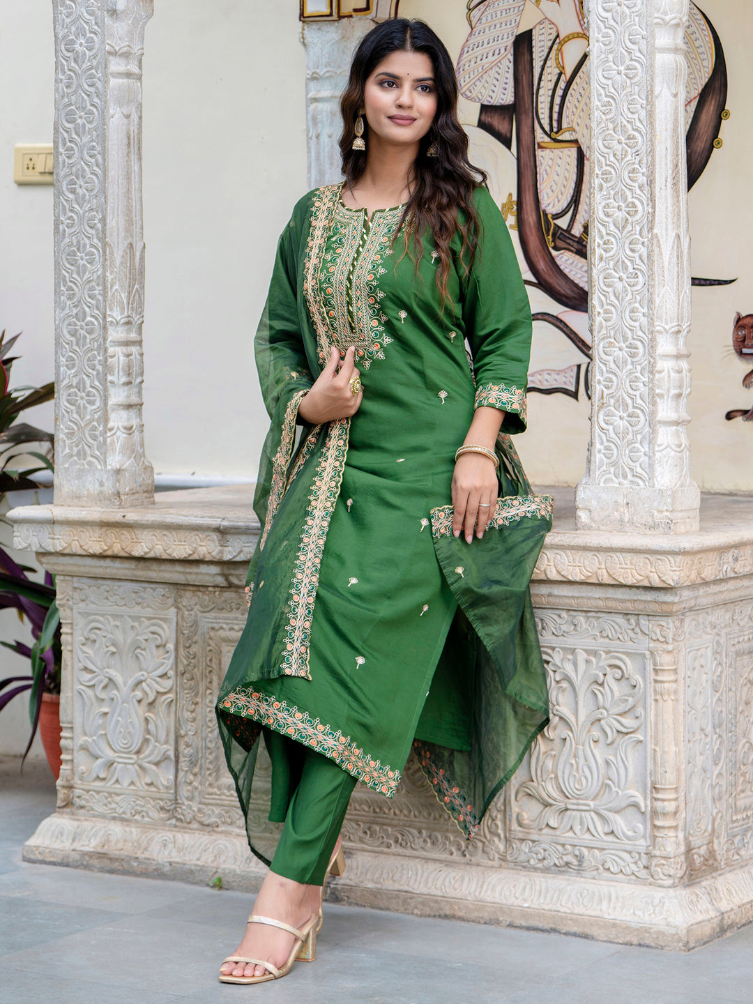 VredeVogel Women's Embroidered Silk Blend Calf Length Straight Kurta Trouser with Dupatta Set