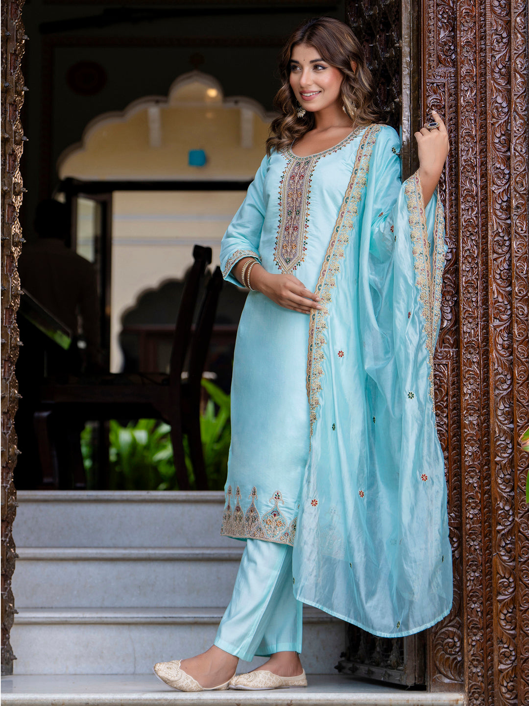 VredeVogel Women's Embroidered Silk Blend Calf Length Straight Kurta Trouser with Dupatta Set