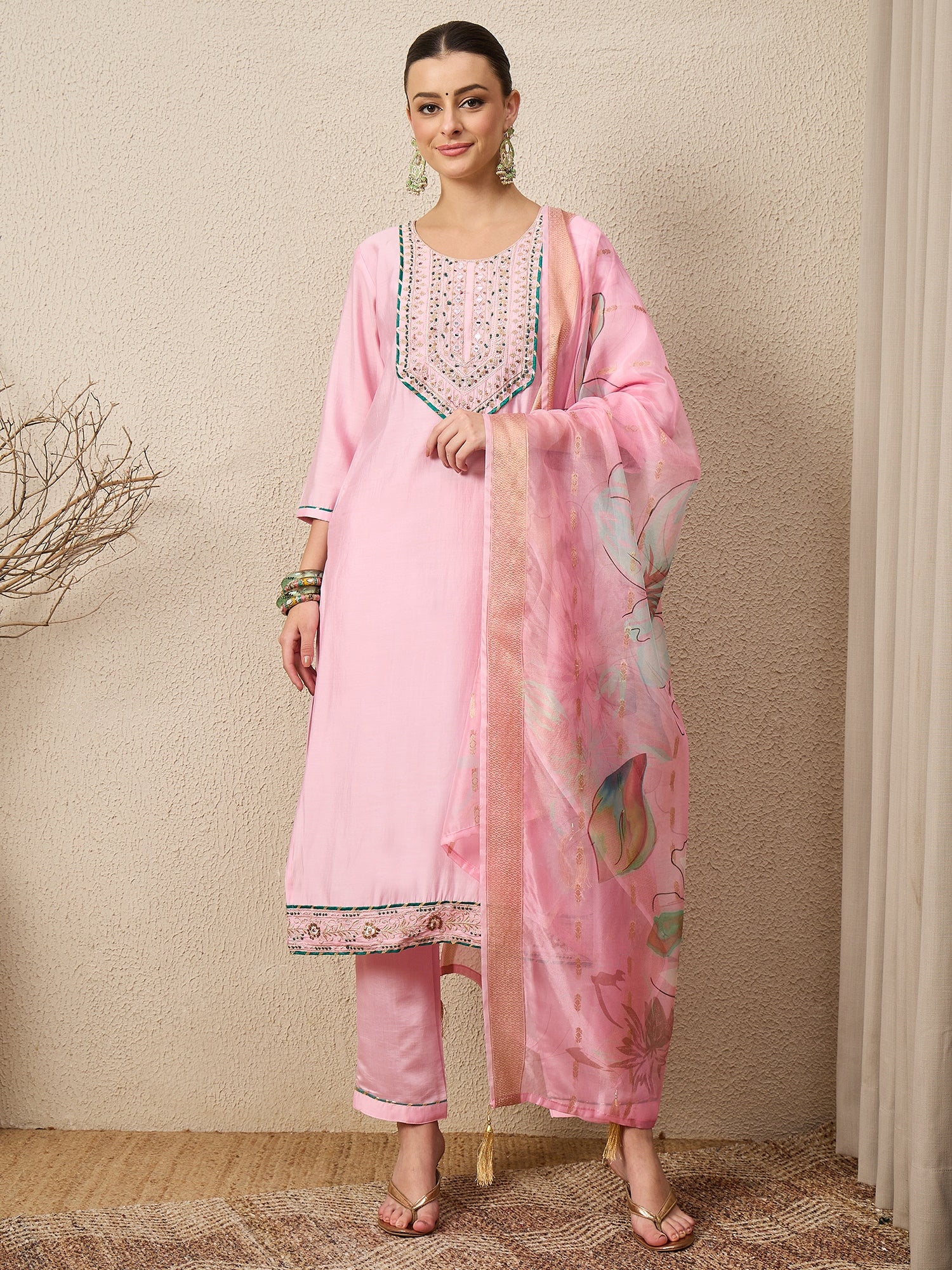 Rachna Pink Embroidered Straight Suit Set