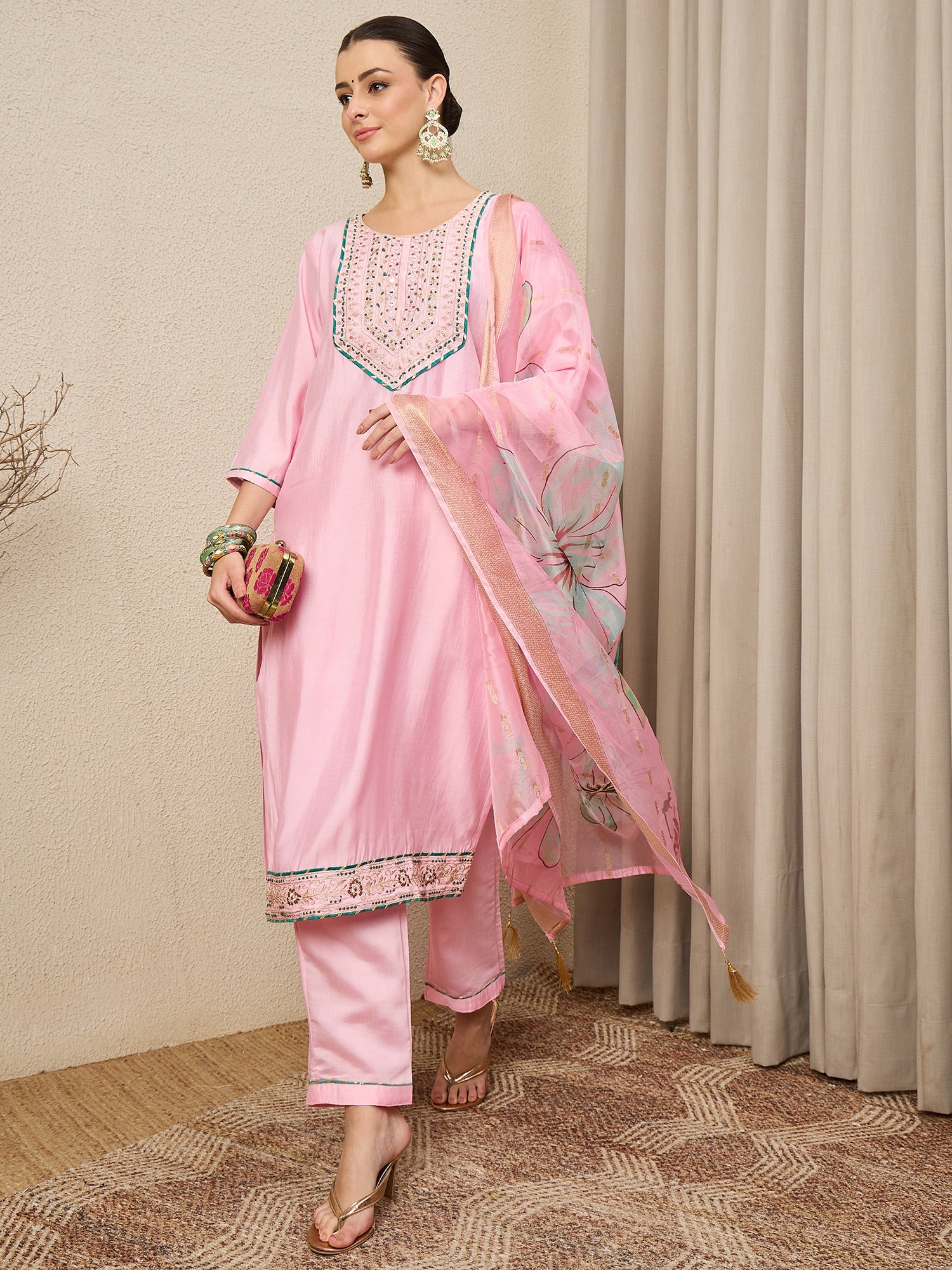 Rachna Pink Embroidered Straight Suit Set
