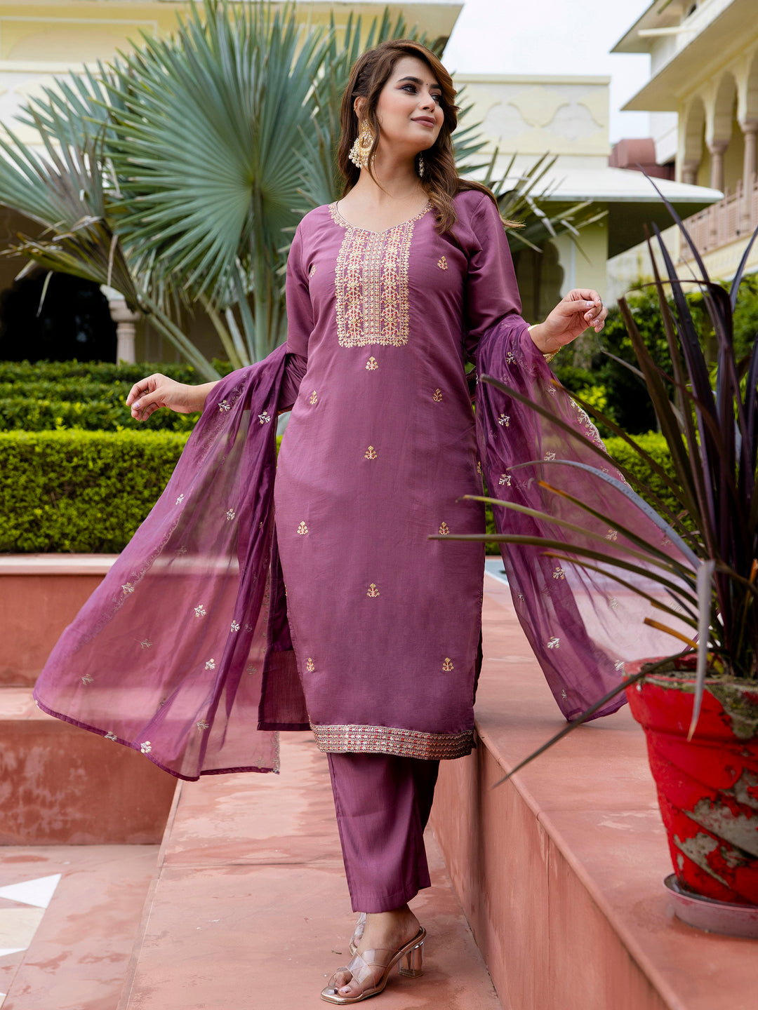 VredeVogel Women's Embroidered Silk Blend Calf Length Straight Kurta with Palazzo & Dupatta Set