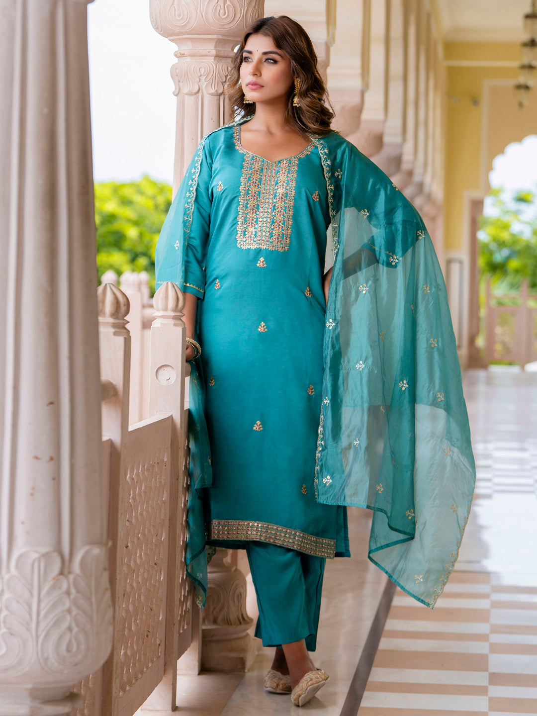 VredeVogel Women's Embroidered Silk Blend Calf Length Straight Kurta with Palazzo & Dupatta Set