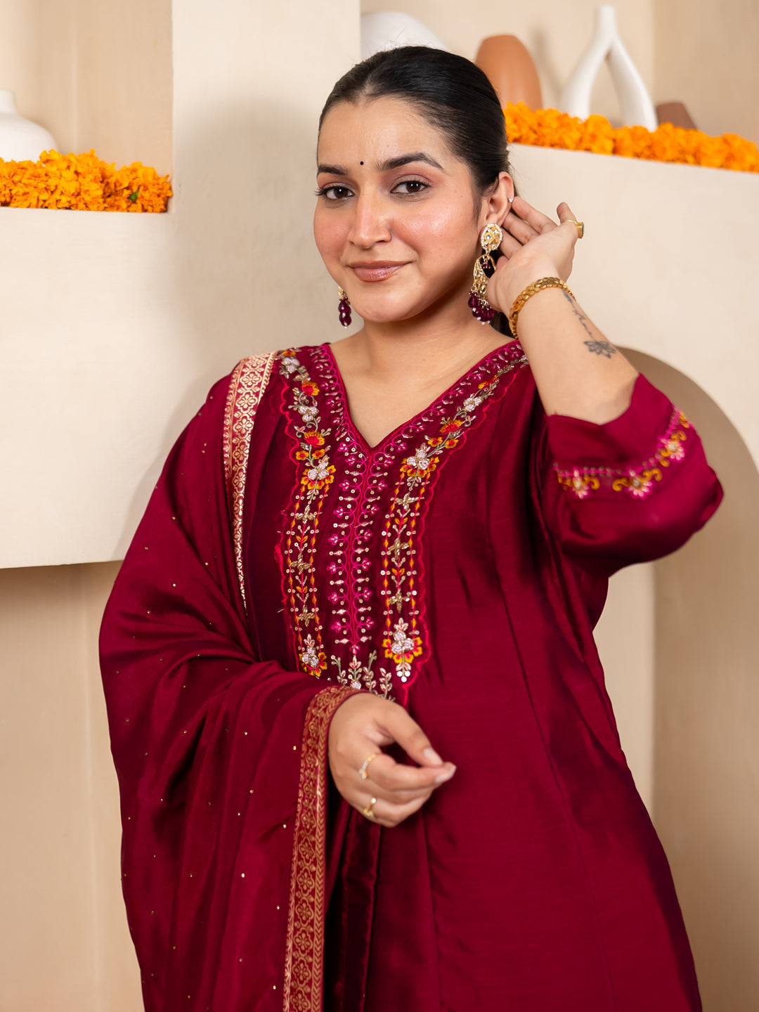 Lavya Cherry Women Silk Blend Kurta Pant Dupatta Set