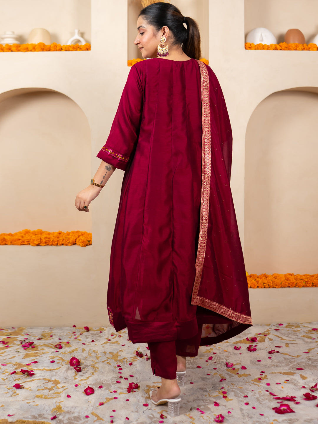 Lavya Cherry Women Silk Blend Kurta Pant Dupatta Set