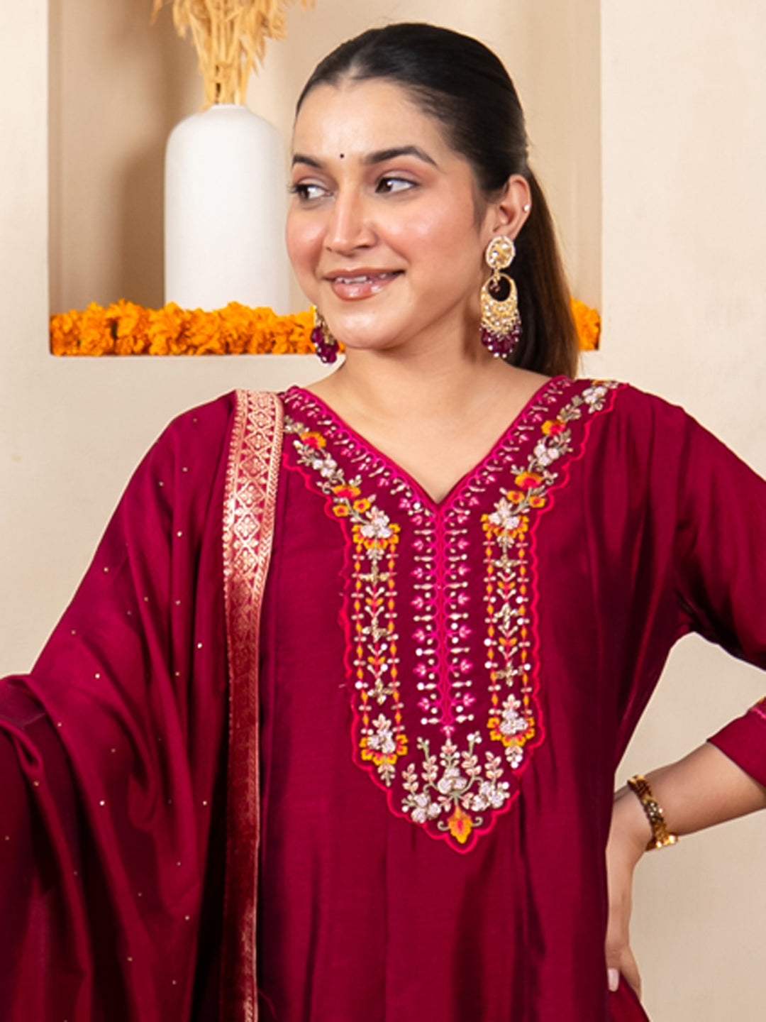 Lavya Cherry Women Silk Blend Kurta Pant Dupatta Set