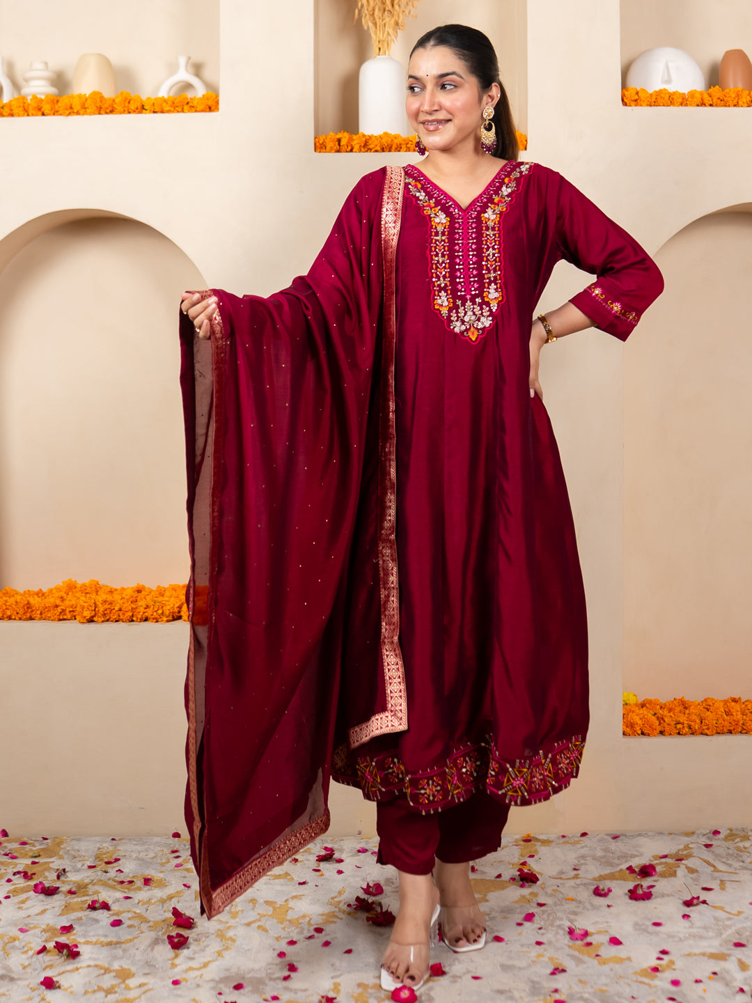 Lavya Cherry Women Silk Blend Kurta Pant Dupatta Set