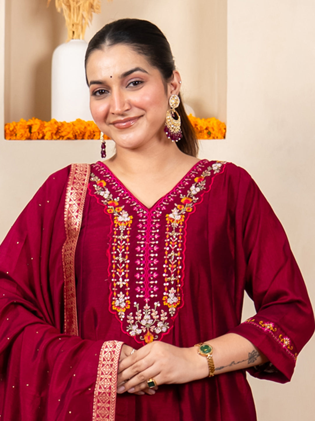 Lavya Cherry Women Silk Blend Kurta Pant Dupatta Set