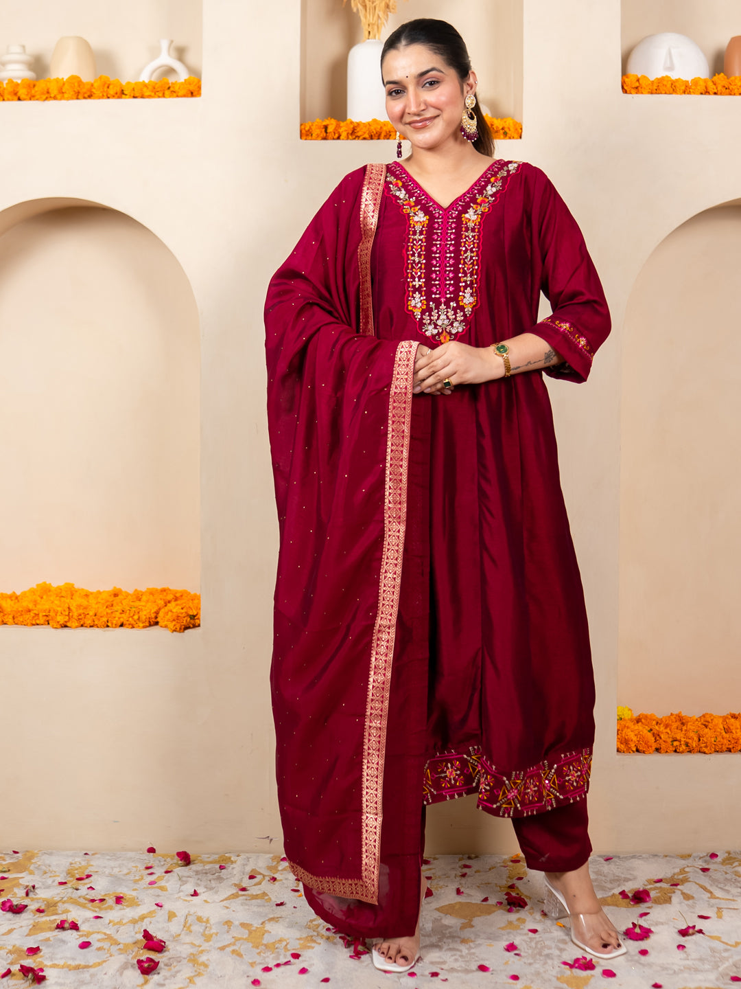 Lavya Cherry Women Silk Blend Kurta Pant Dupatta Set