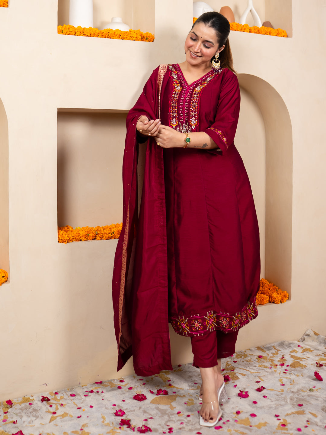 Lavya Cherry Women Silk Blend Kurta Pant Dupatta Set