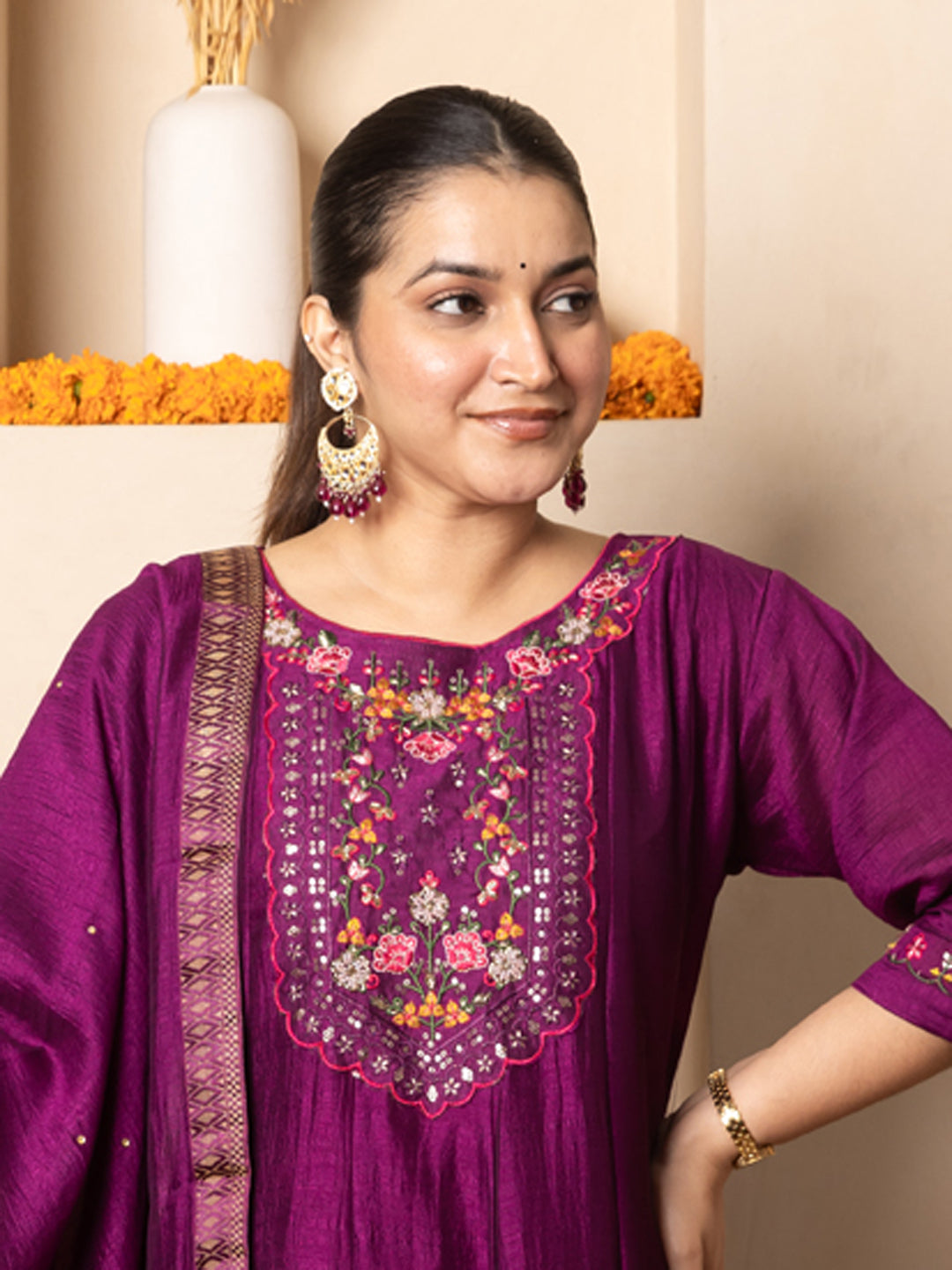 Kritavi Purple Women Silk Blend Kurta Pant Dupatta Set