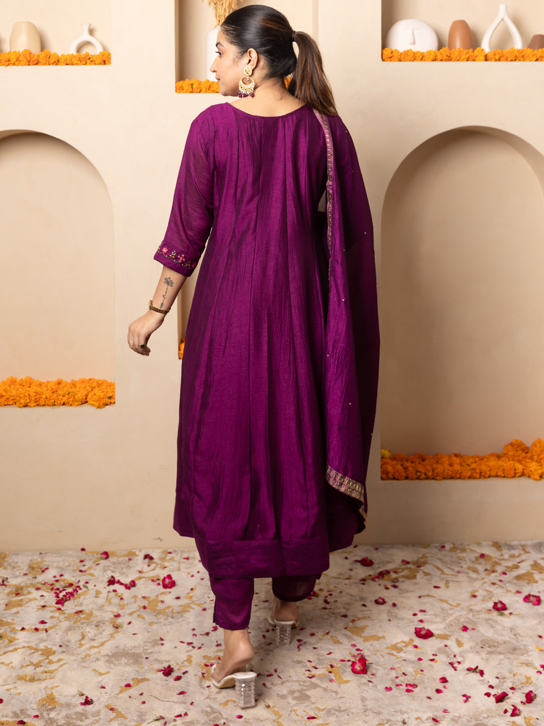 Kritavi Purple Women Silk Blend Kurta Pant Dupatta Set