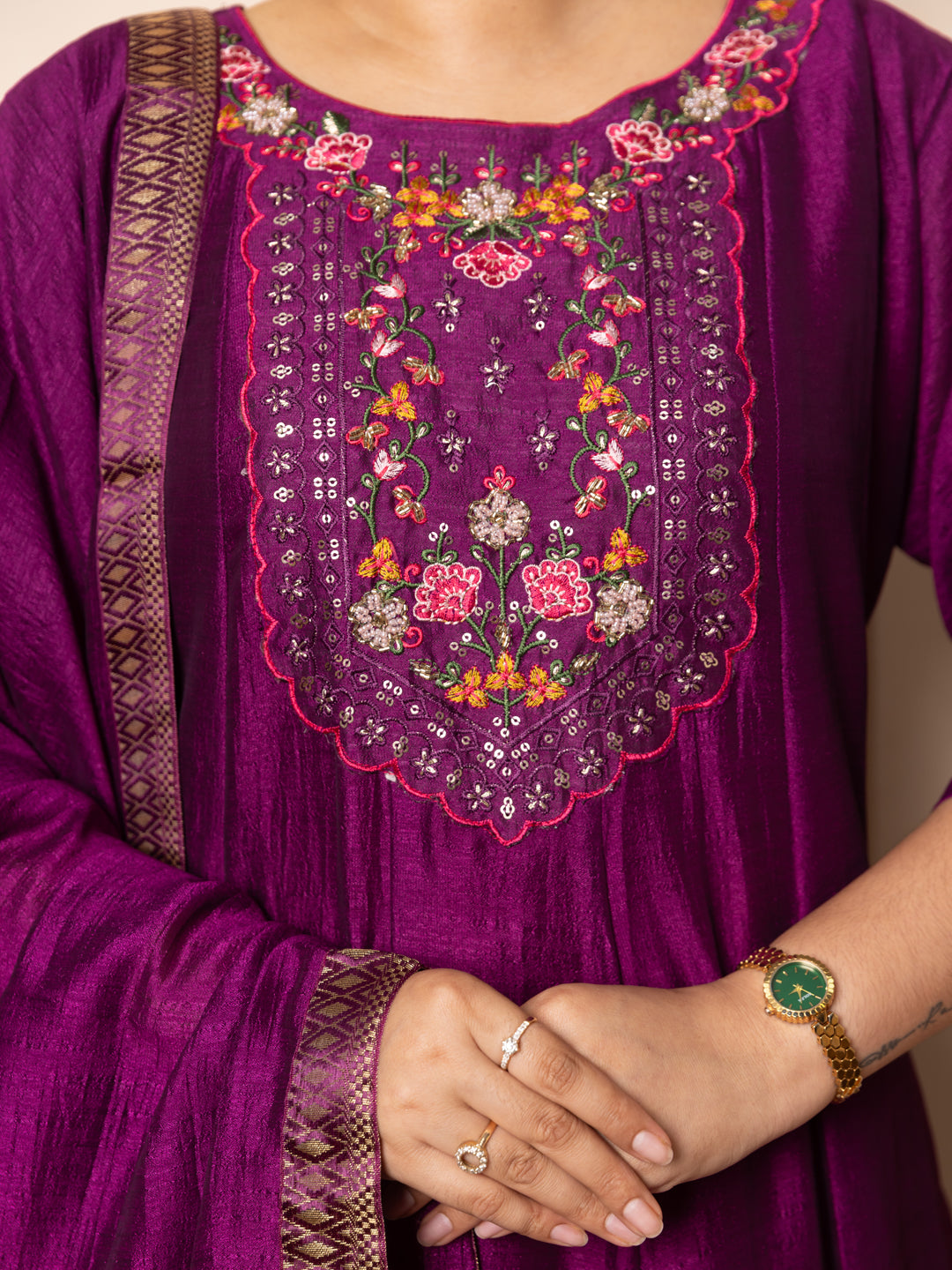 Kritavi Purple Women Silk Blend Kurta Pant Dupatta Set