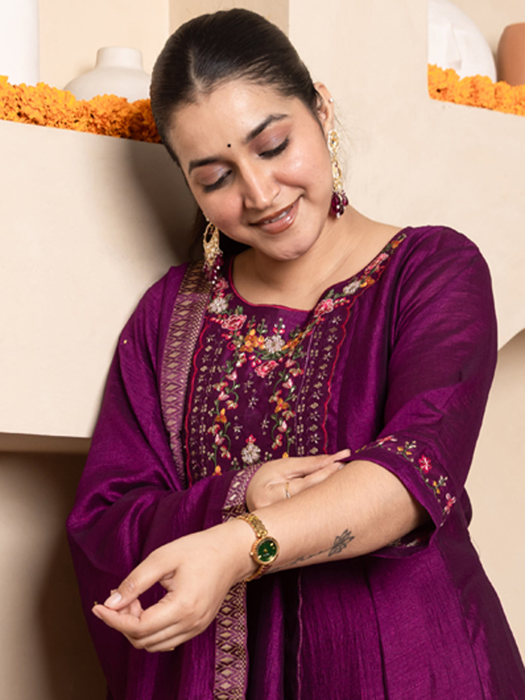 Kritavi Purple Women Silk Blend Kurta Pant Dupatta Set