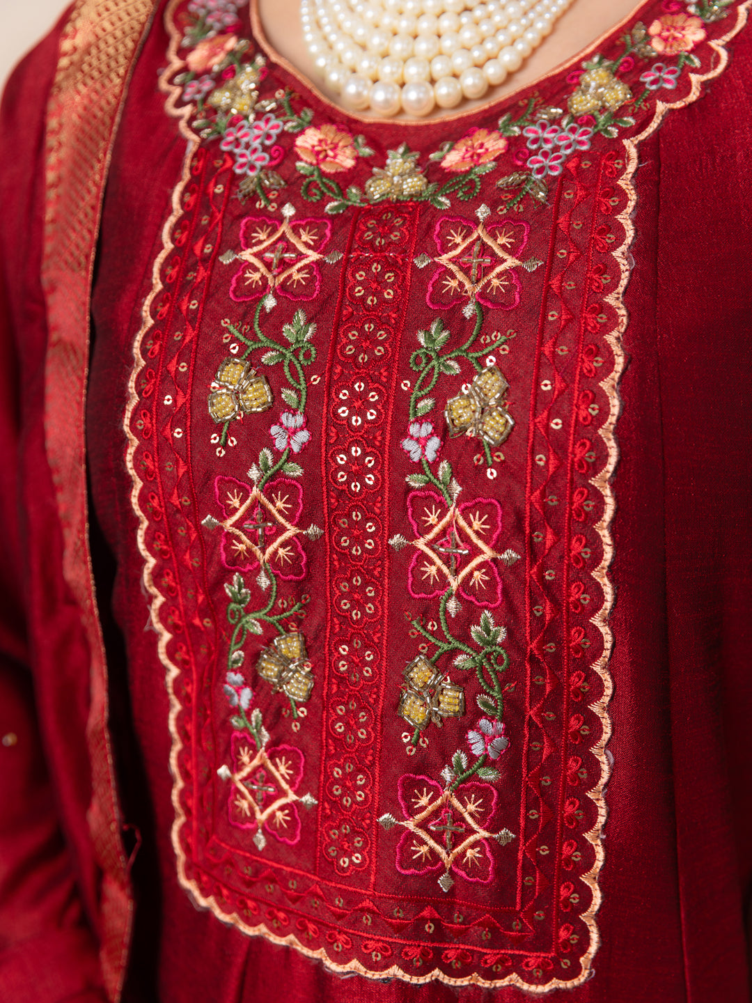 Arohini Red Women Silk Blend Anarkali Kurta Pant Dupatta Set