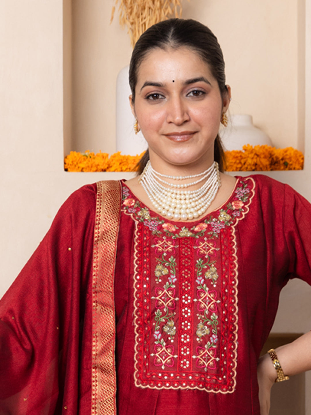 Arohini Red Women Silk Blend Anarkali Kurta Pant Dupatta Set