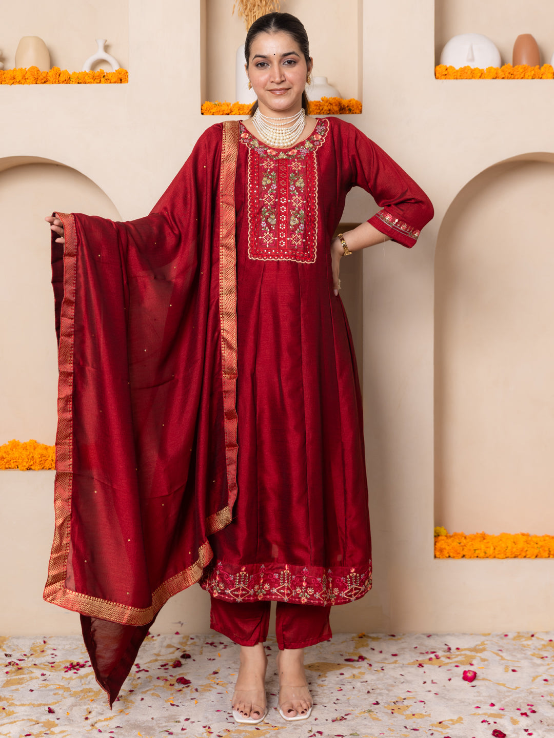 Arohini Red Women Silk Blend Anarkali Kurta Pant Dupatta Set