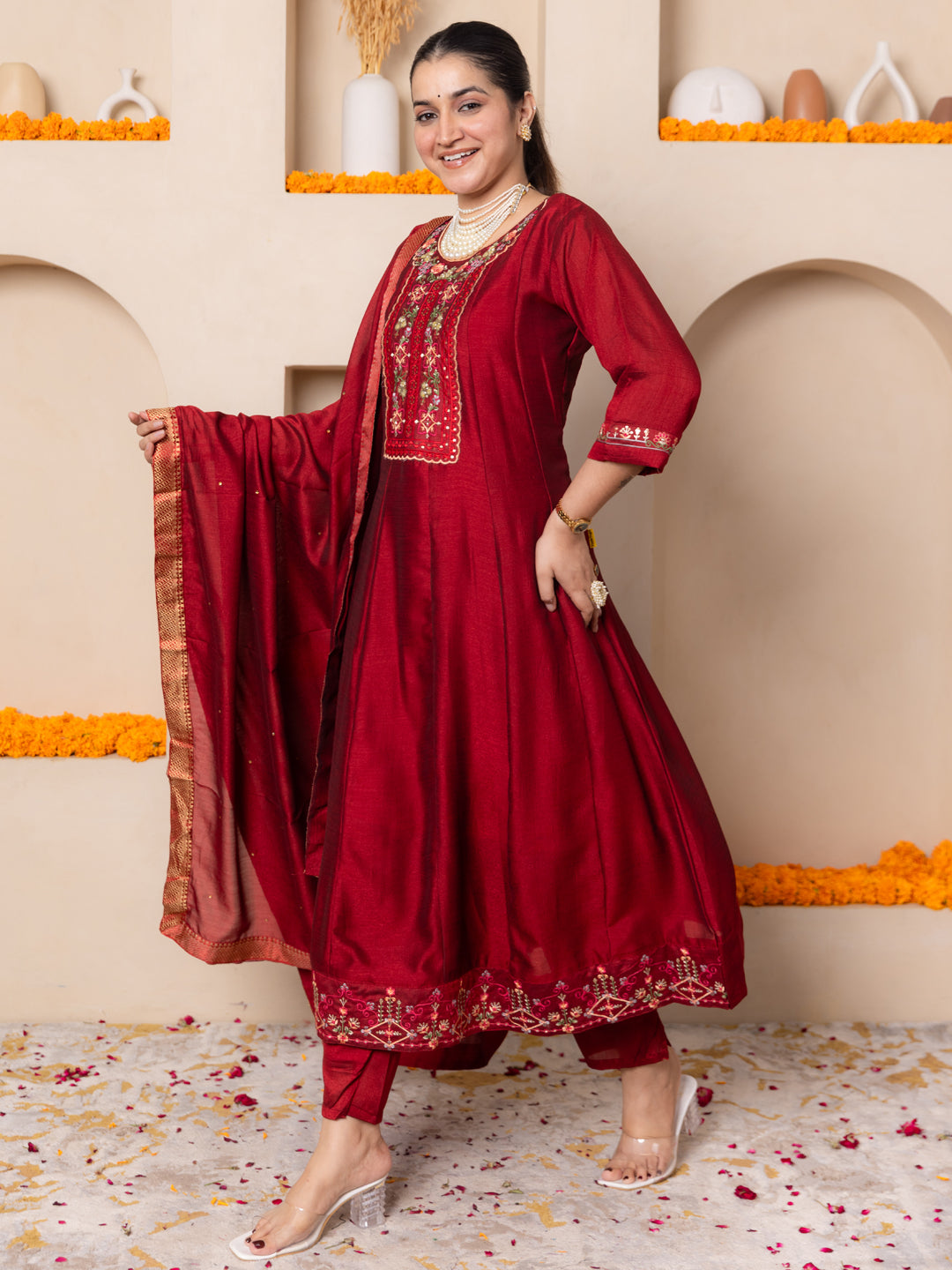 Arohini Red Women Silk Blend Anarkali Kurta Pant Dupatta Set