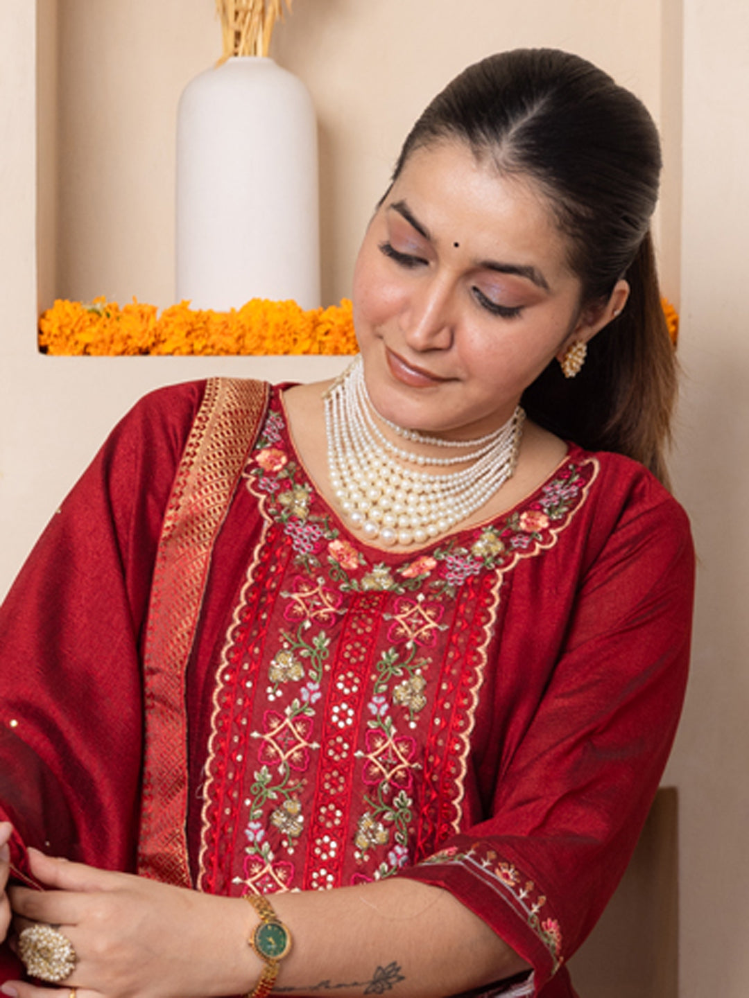 Arohini Red Women Silk Blend Anarkali Kurta Pant Dupatta Set