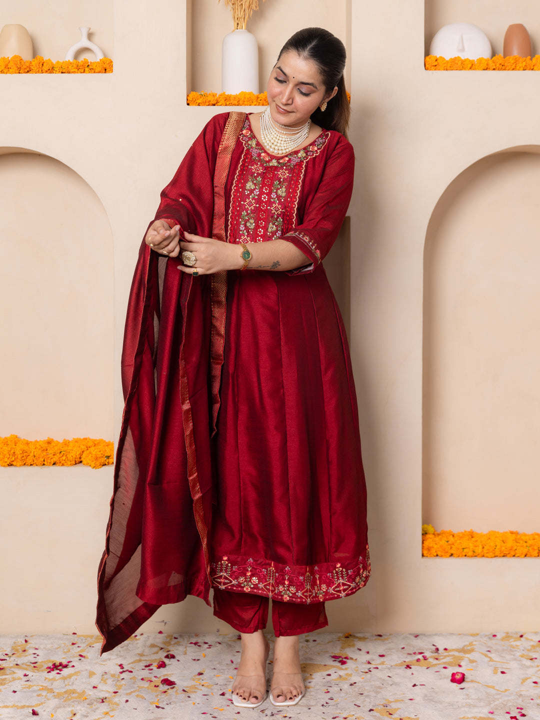 Arohini Red Women Silk Blend Anarkali Kurta Pant Dupatta Set