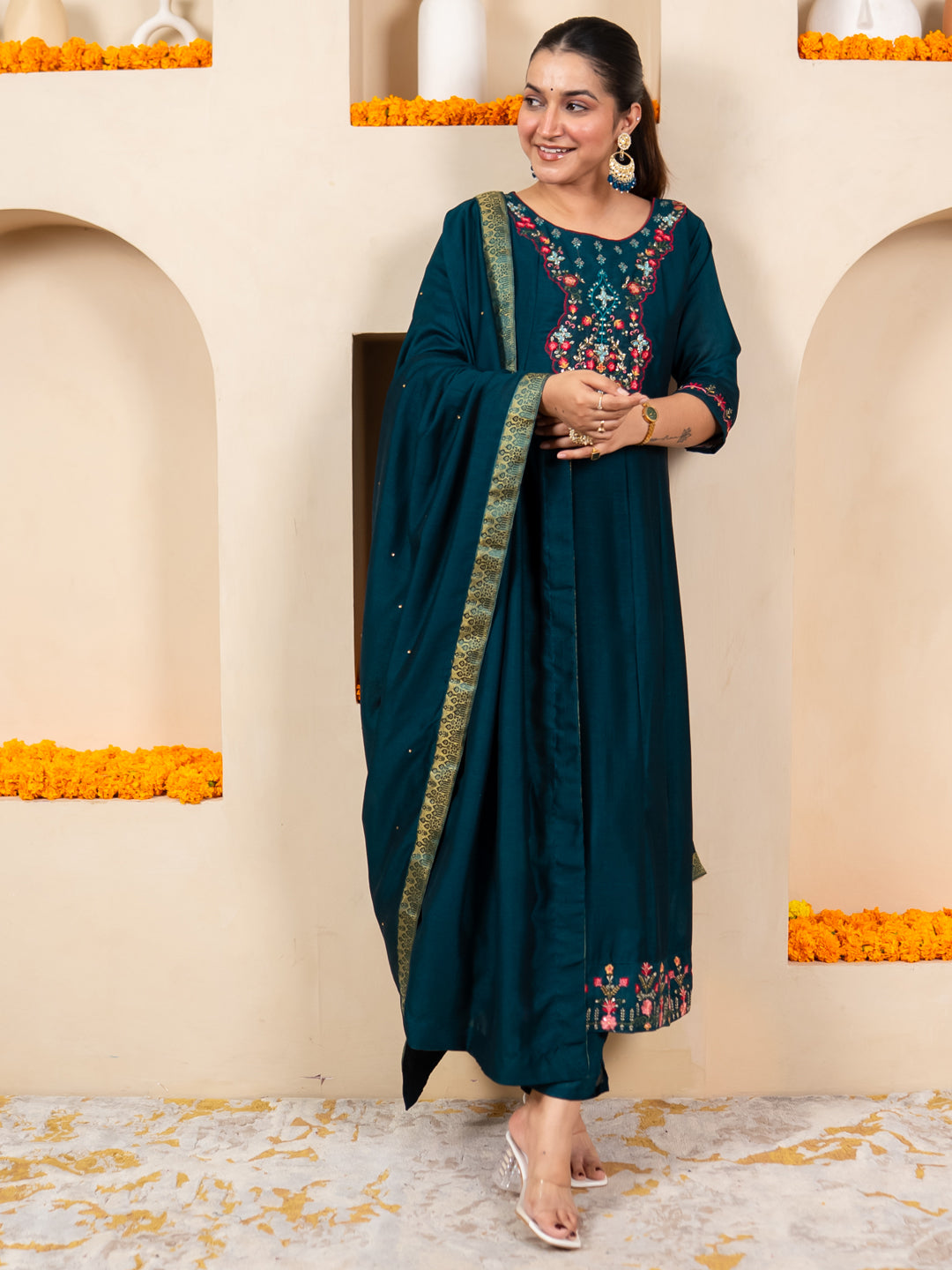 Pavya Teal Women Silk Blend Kurta Pant Dupatta Set