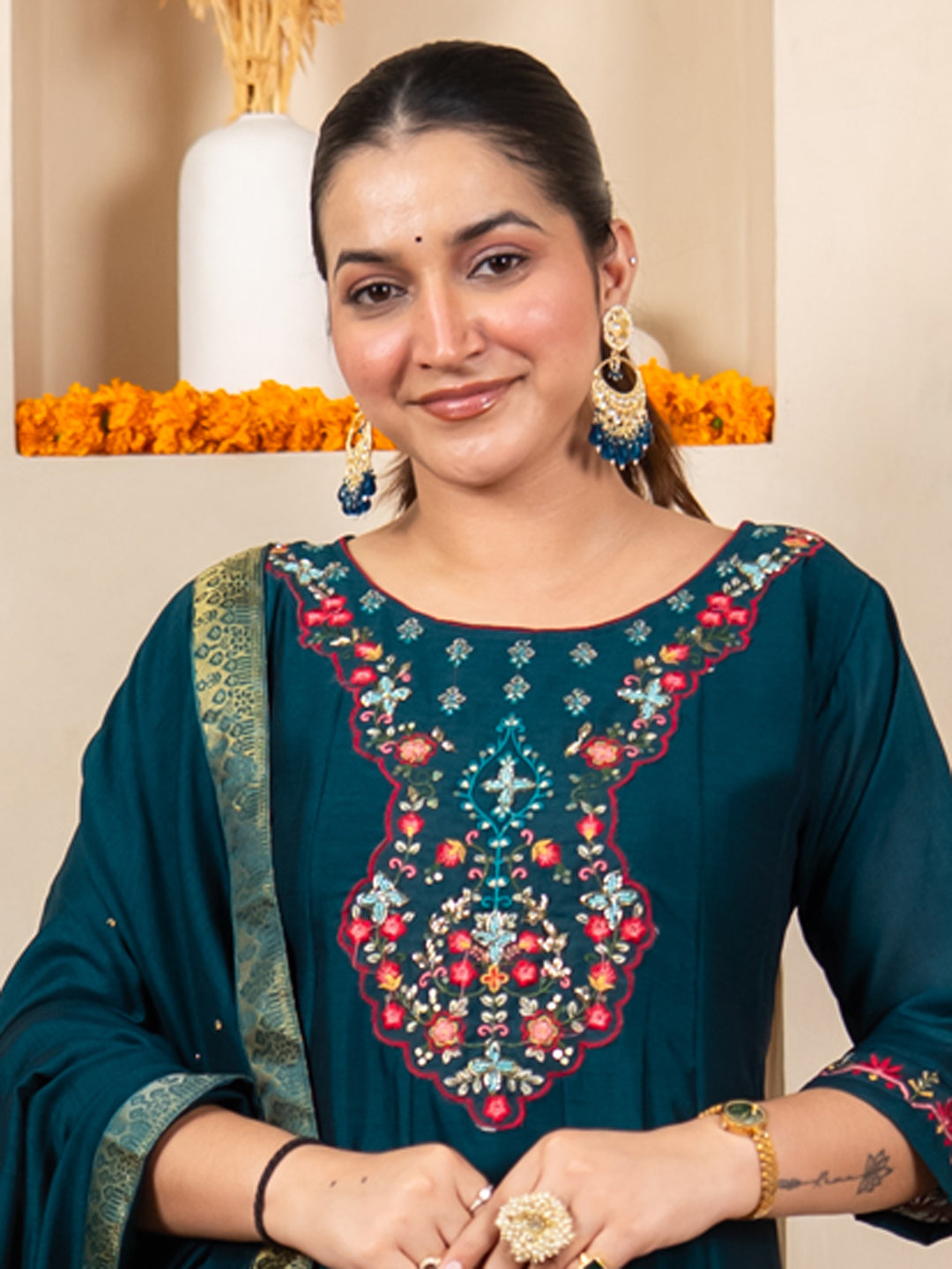 Pavya Teal Women Silk Blend Kurta Pant Dupatta Set