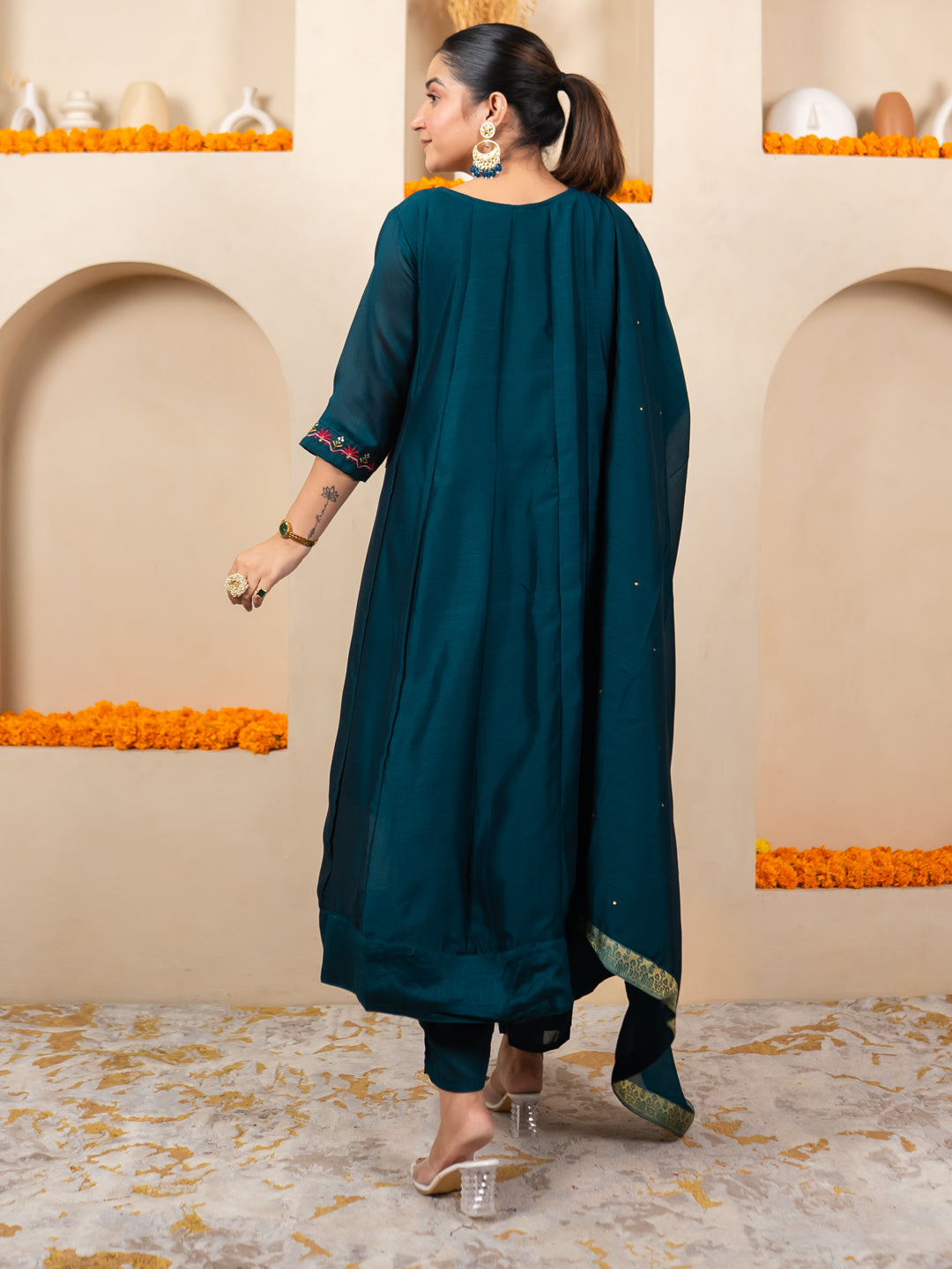 Pavya Teal Women Silk Blend Kurta Pant Dupatta Set