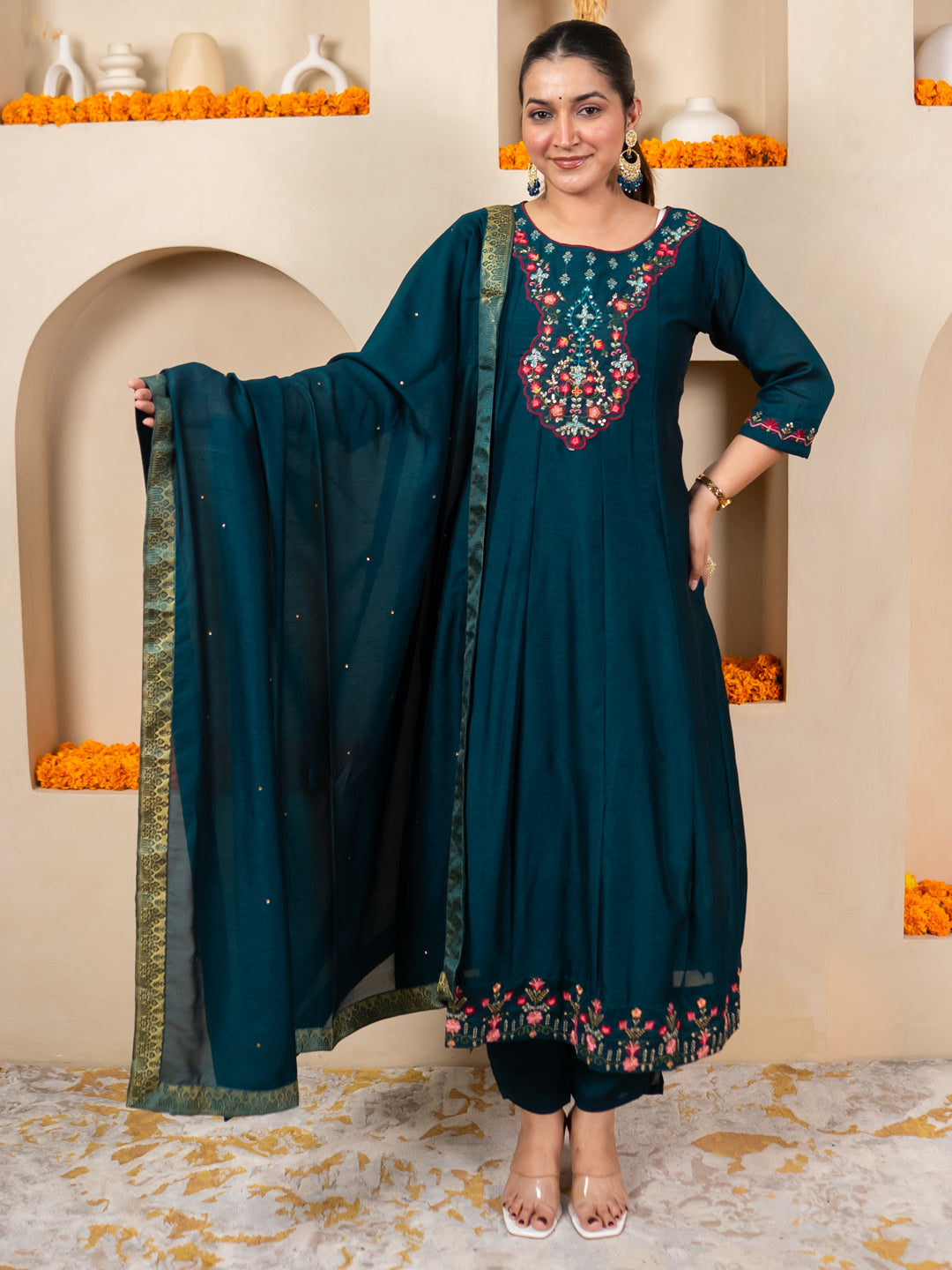 Pavya Teal Women Silk Blend Kurta Pant Dupatta Set
