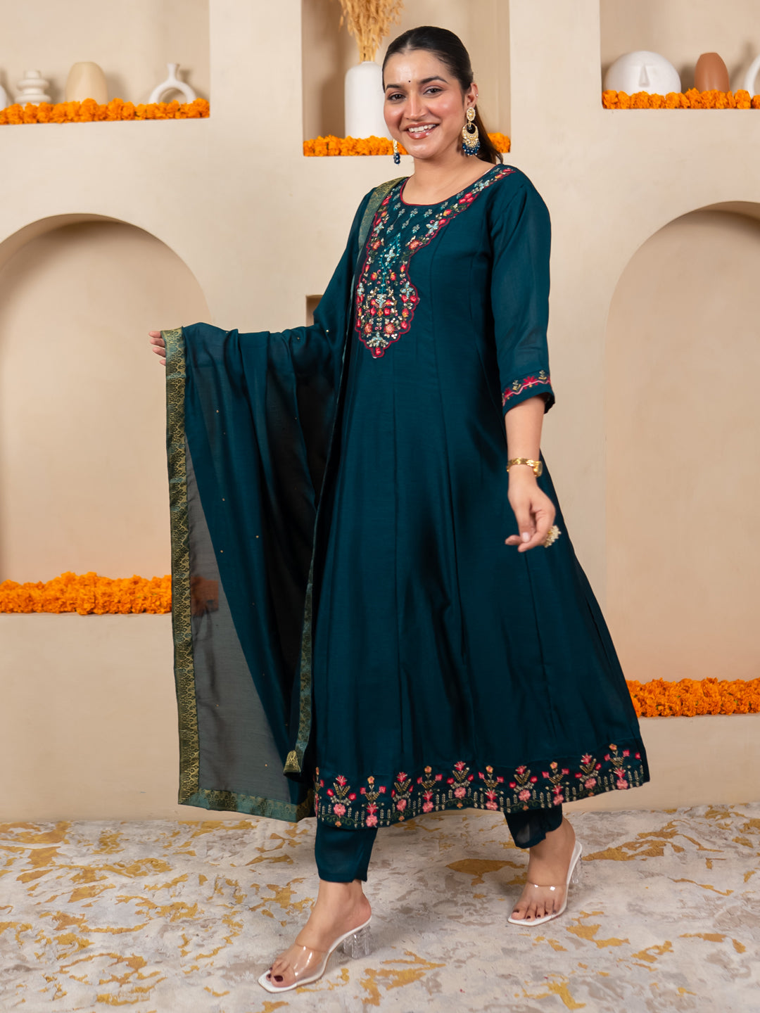 Pavya Teal Women Silk Blend Kurta Pant Dupatta Set