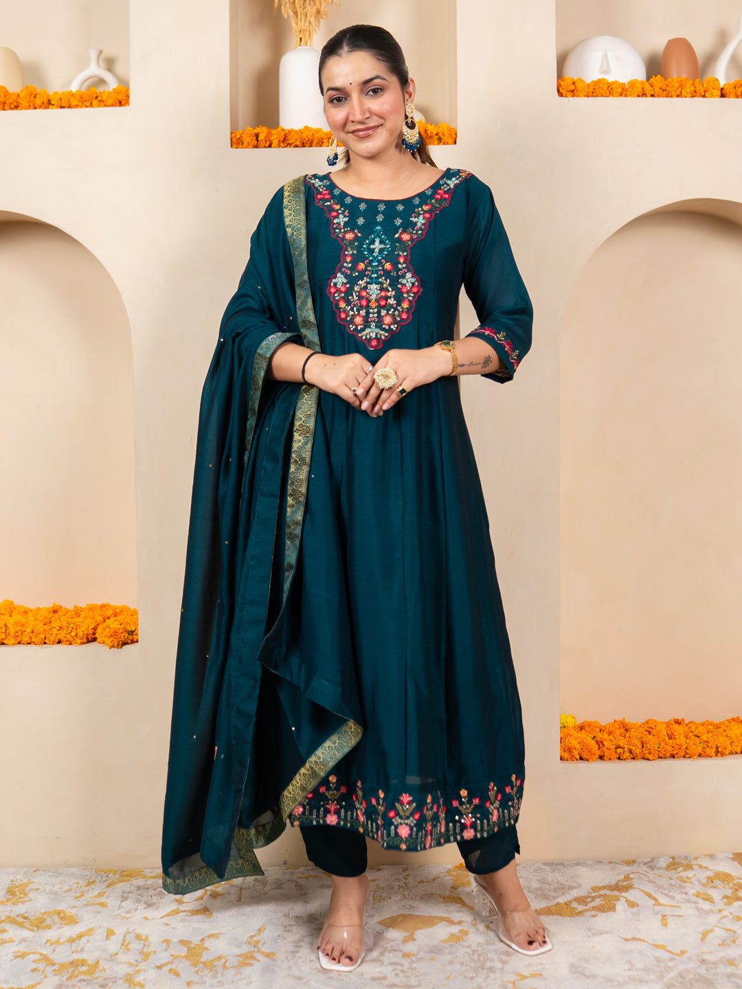 Pavya Teal Women Silk Blend Kurta Pant Dupatta Set