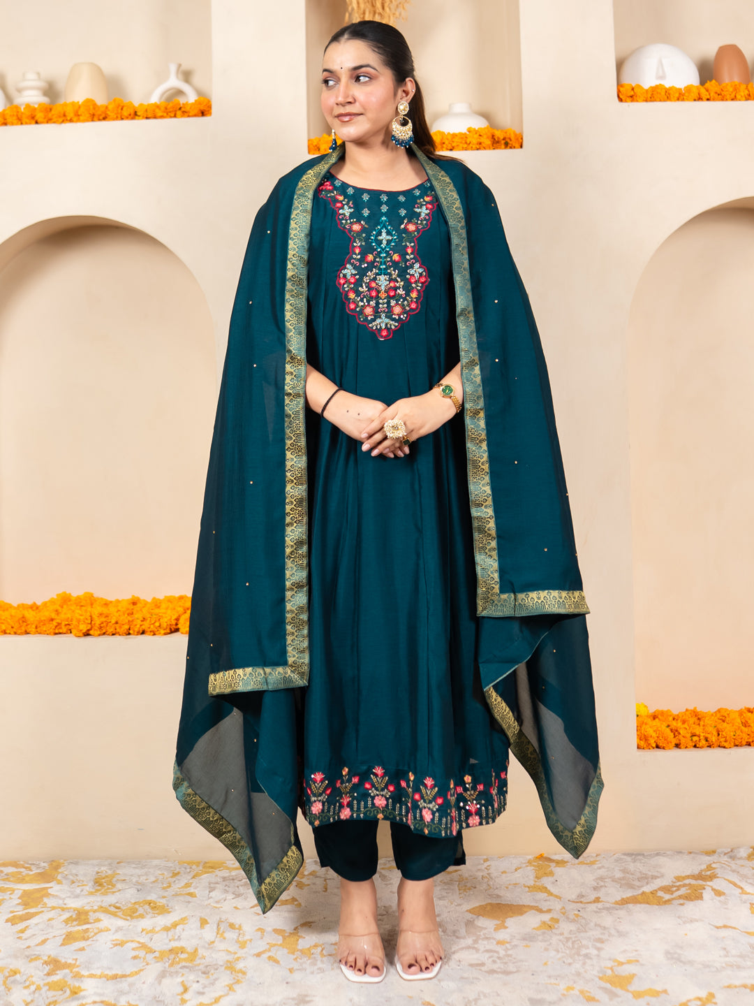 Pavya Teal Women Silk Blend Kurta Pant Dupatta Set