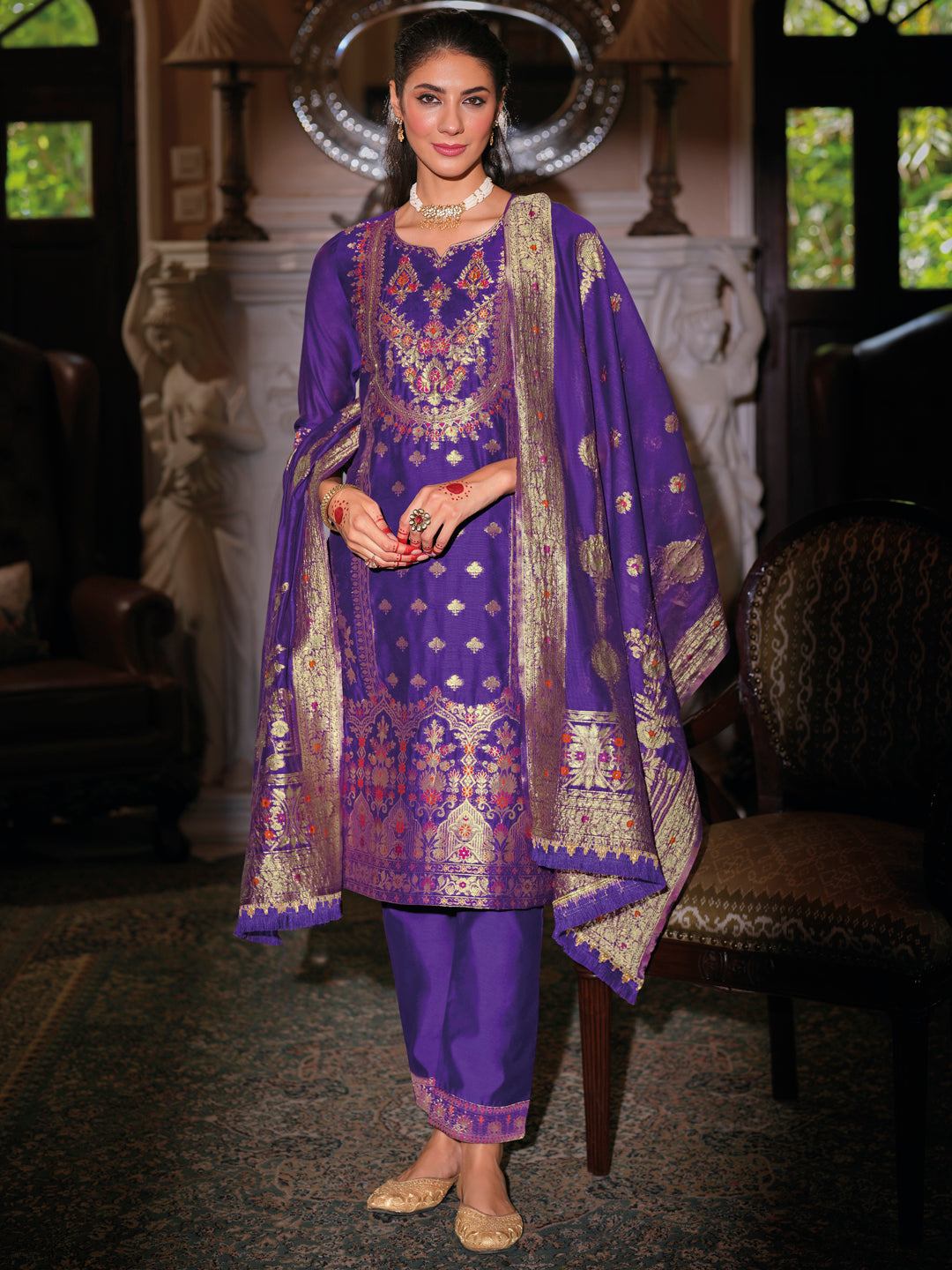 VredeVogel Women Silk Blend Kurta Pant Dupatta Set