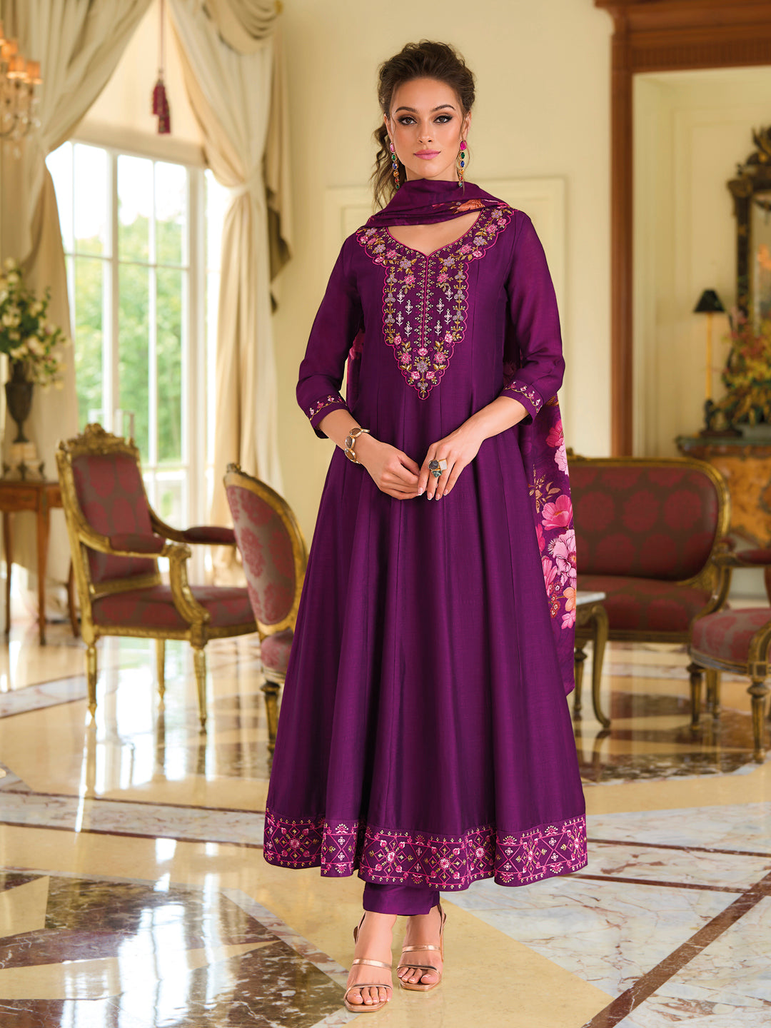 English Garden Purple Embroidered Anarkali Pant Set