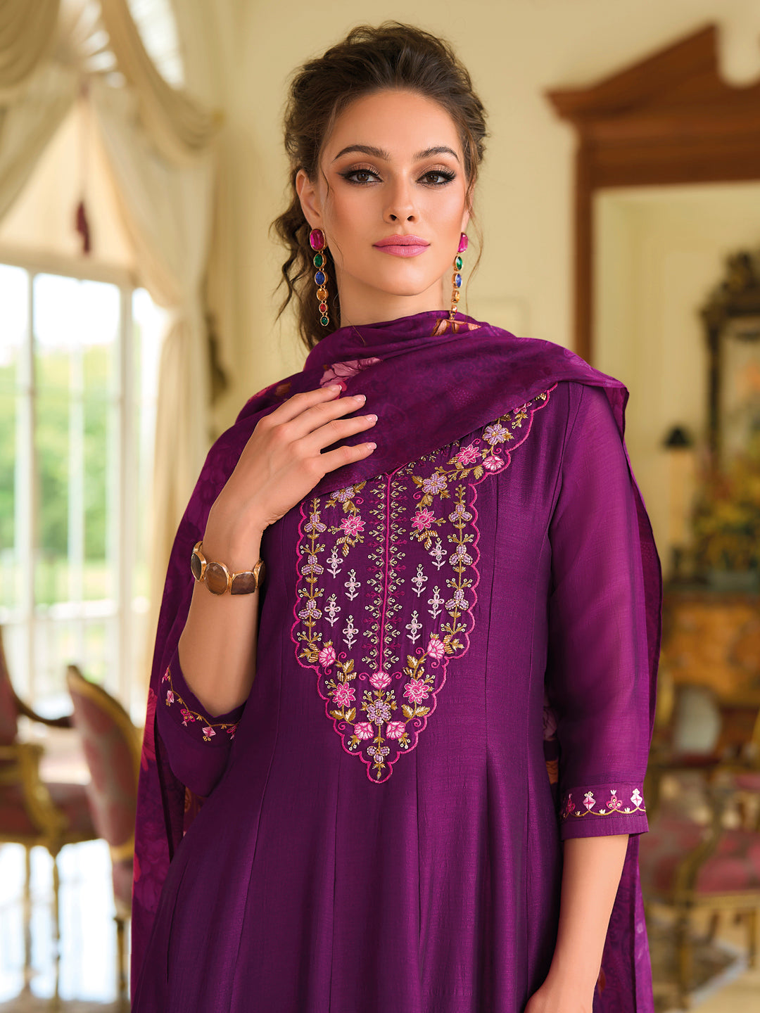 English Garden Purple Embroidered Anarkali Pant Set