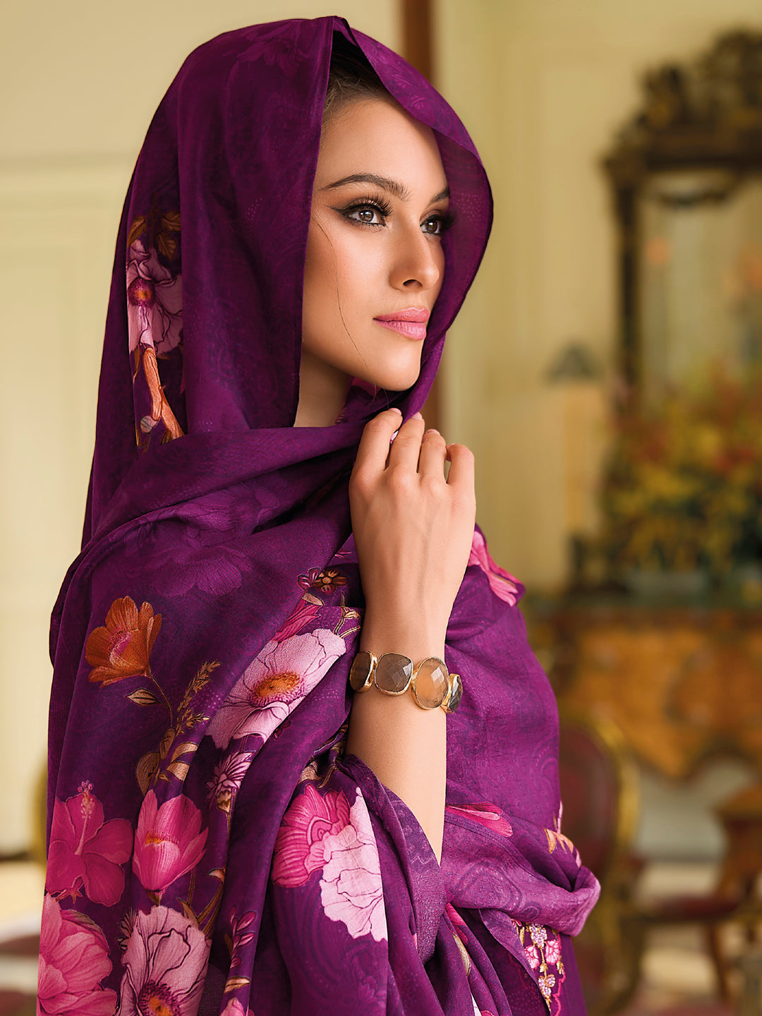 English Garden Purple Embroidered Anarkali Pant Set