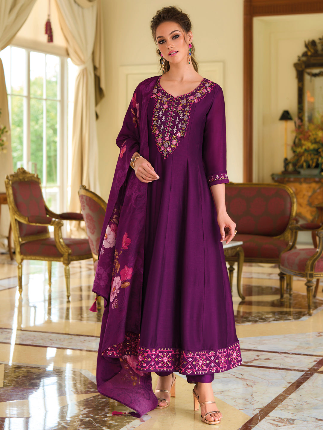 English Garden Purple Embroidered Anarkali Pant Set