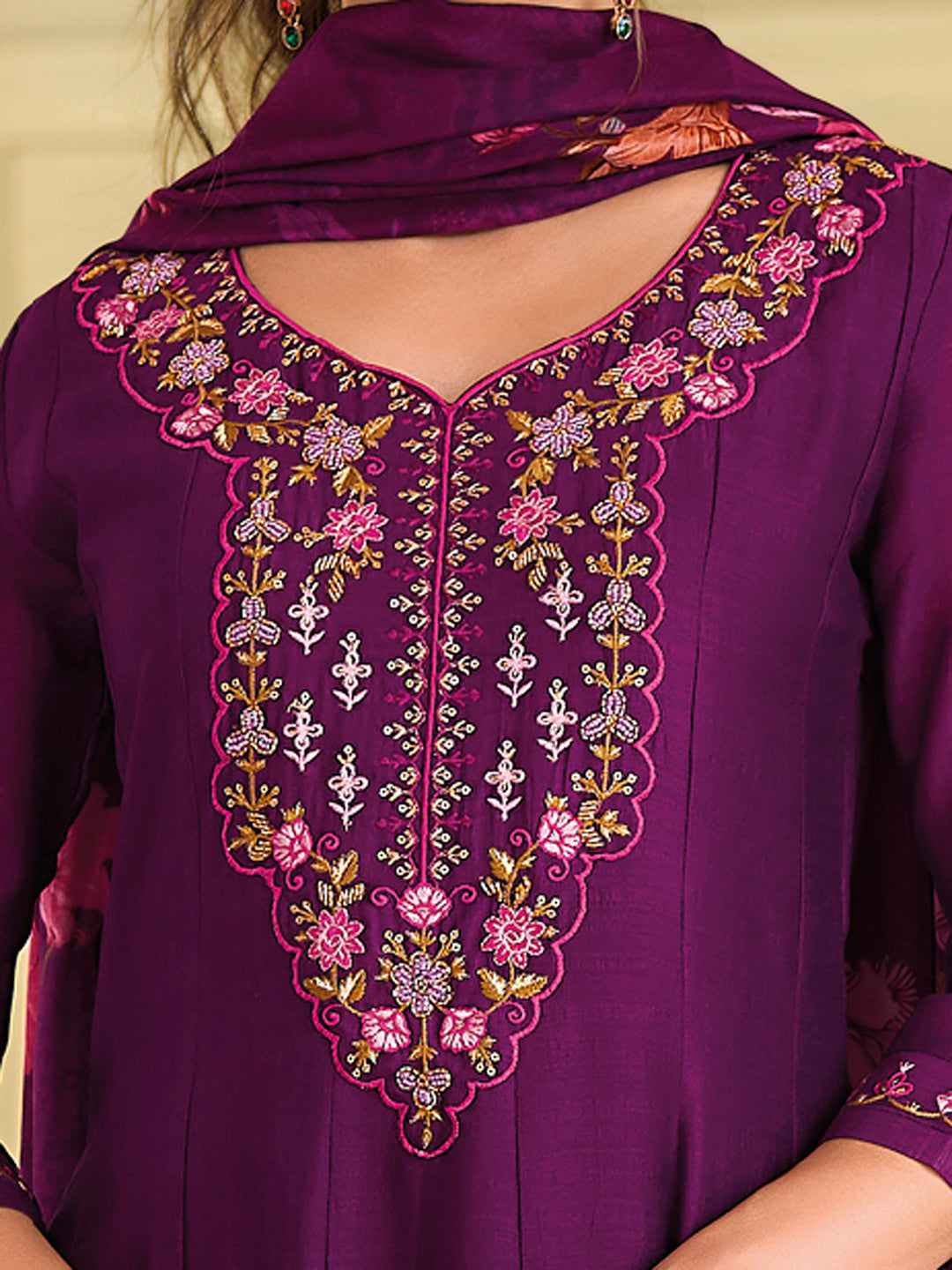 English Garden Purple Embroidered Anarkali Pant Set