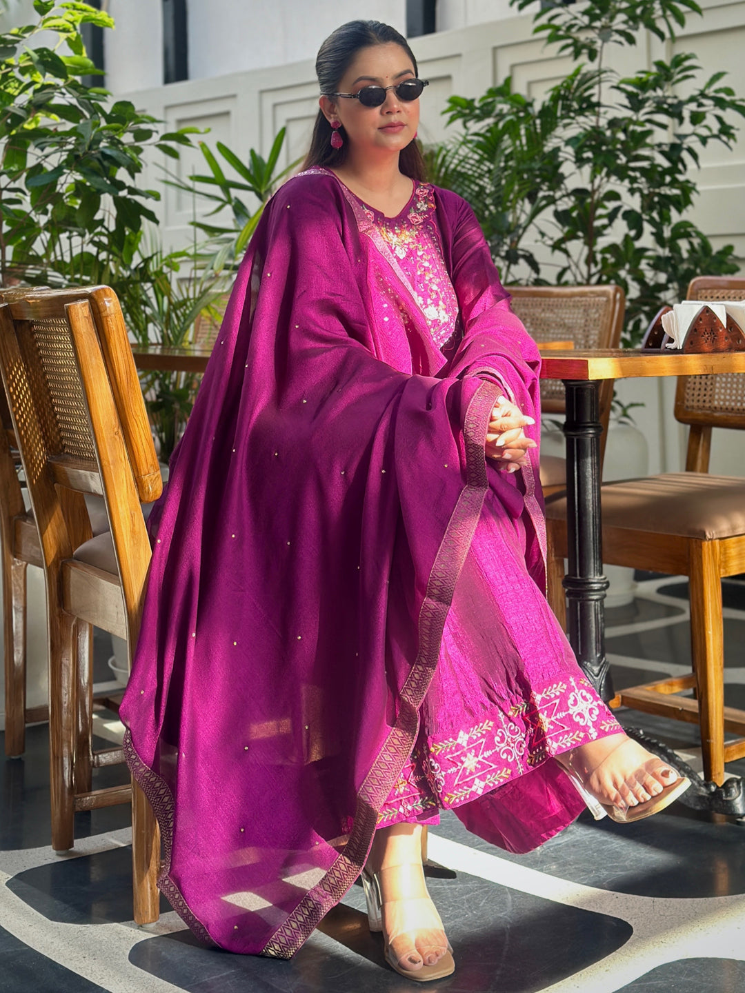 Tessa Purple Embroidered Silk Blend Anarkali Suit Set With Dupatta