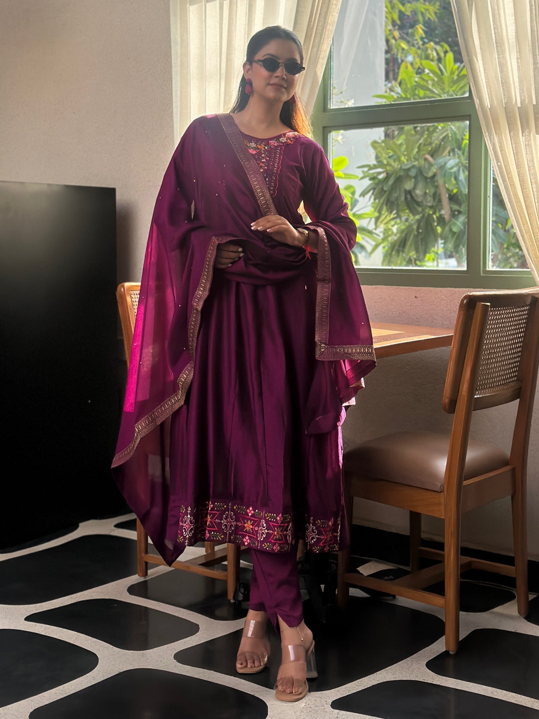 Tessa Purple Embroidered Silk Blend Anarkali Suit Set With Dupatta