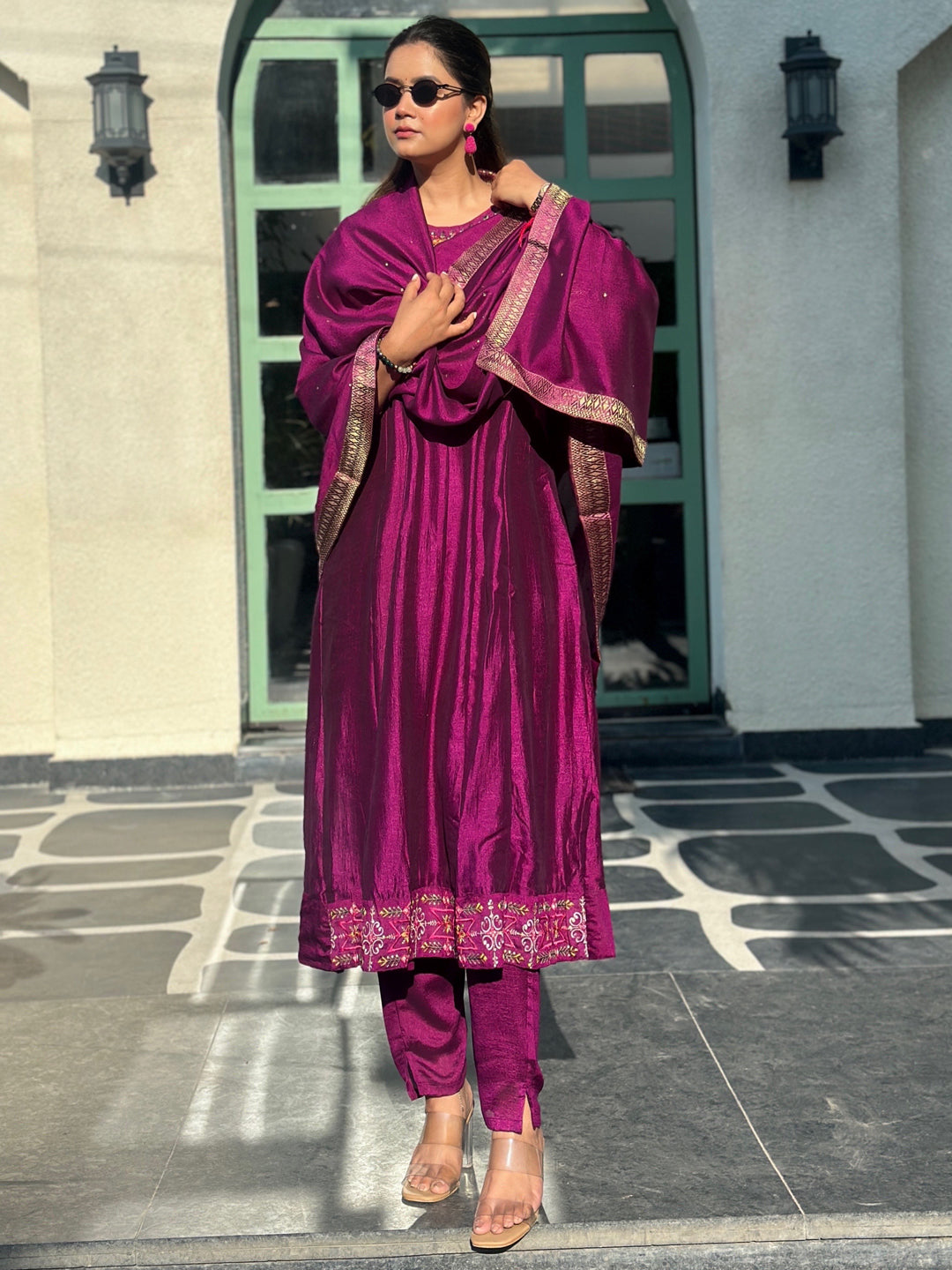 Tessa Purple Embroidered Silk Blend Anarkali Suit Set With Dupatta