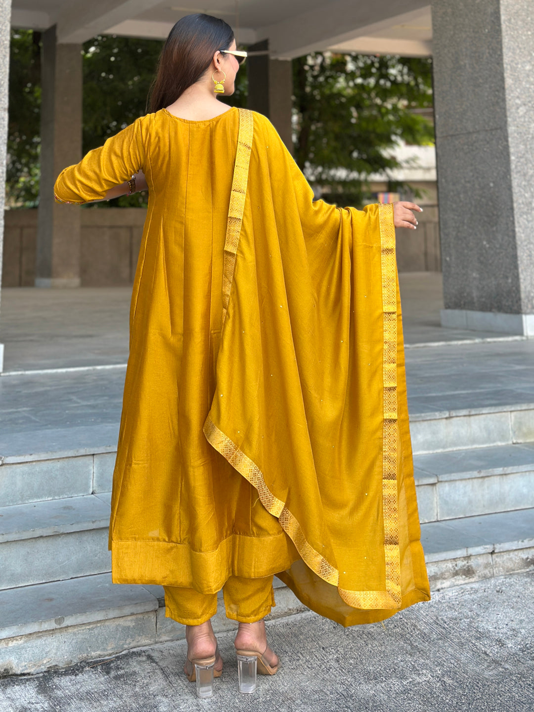 Balan Yellow Embroidered Silk Blend Anarkali Suit Set With Dupatta