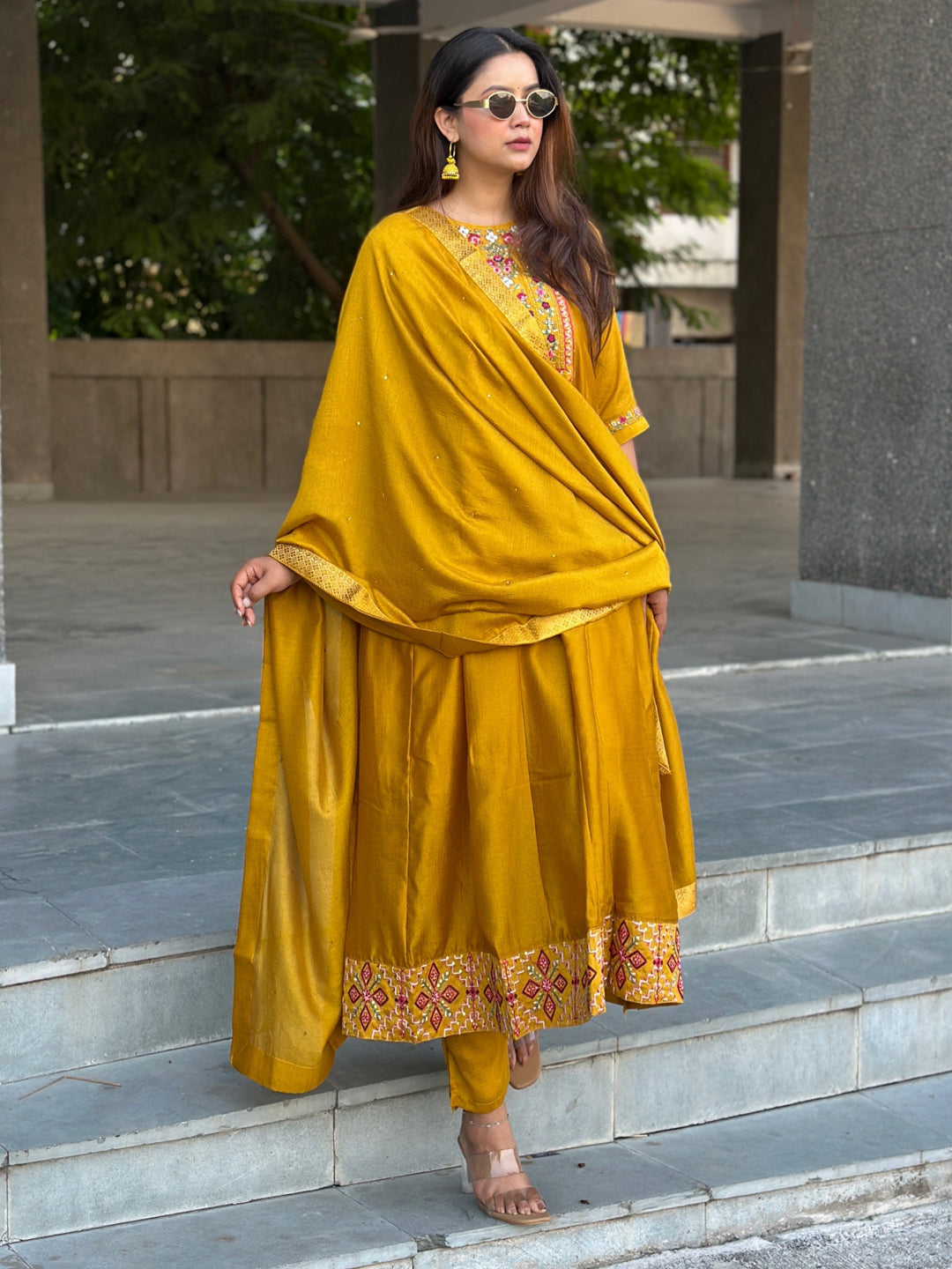 Balan Yellow Embroidered Silk Blend Anarkali Suit Set With Dupatta