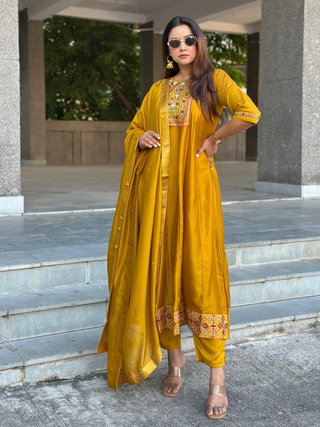 Balan Yellow Embroidered Silk Blend Anarkali Suit Set With Dupatta