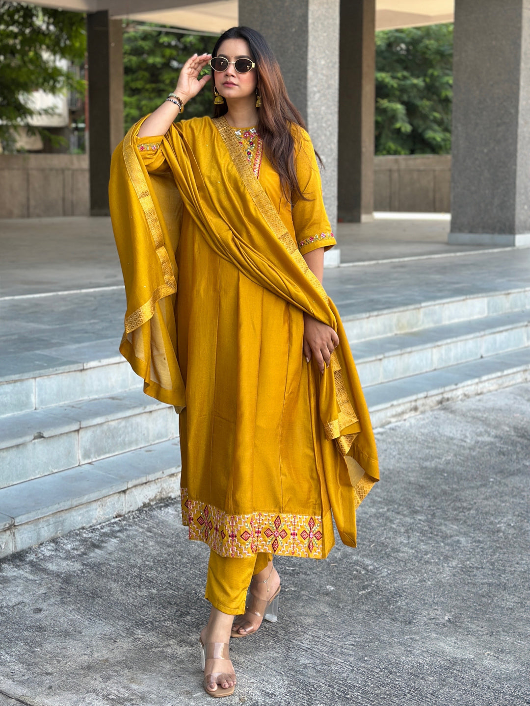 Balan Yellow Embroidered Silk Blend Anarkali Suit Set With Dupatta