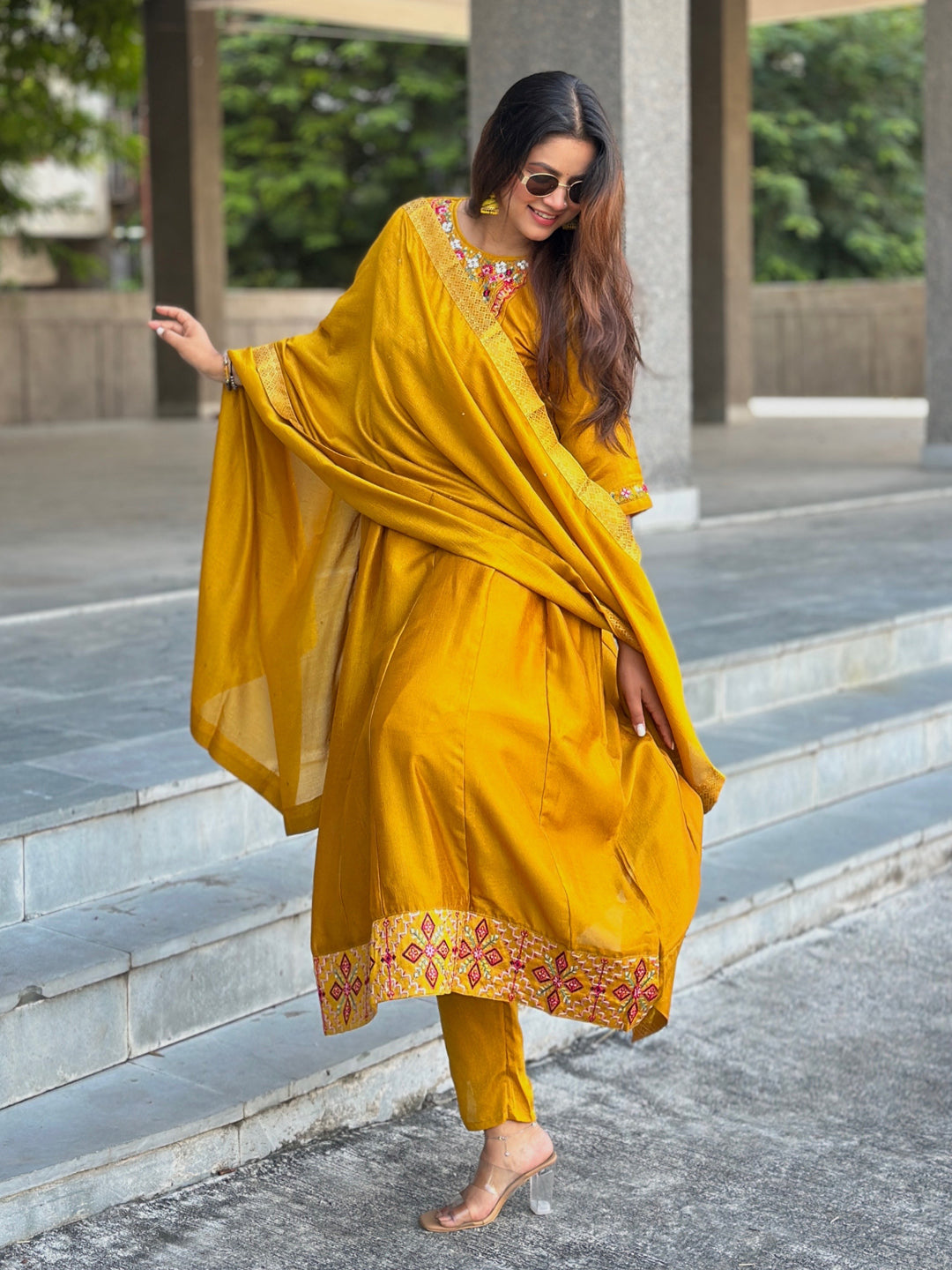 Balan Yellow Embroidered Silk Blend Anarkali Suit Set With Dupatta
